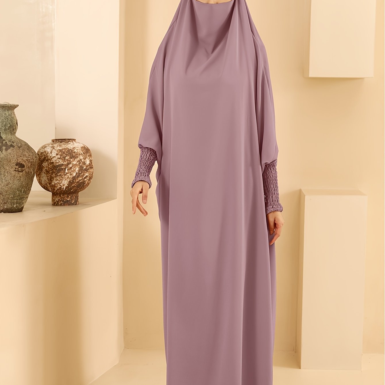 Women's Long Sleeve Abaya Dress - Loose Fit Solid Blue Kraft Style with Frill Hem