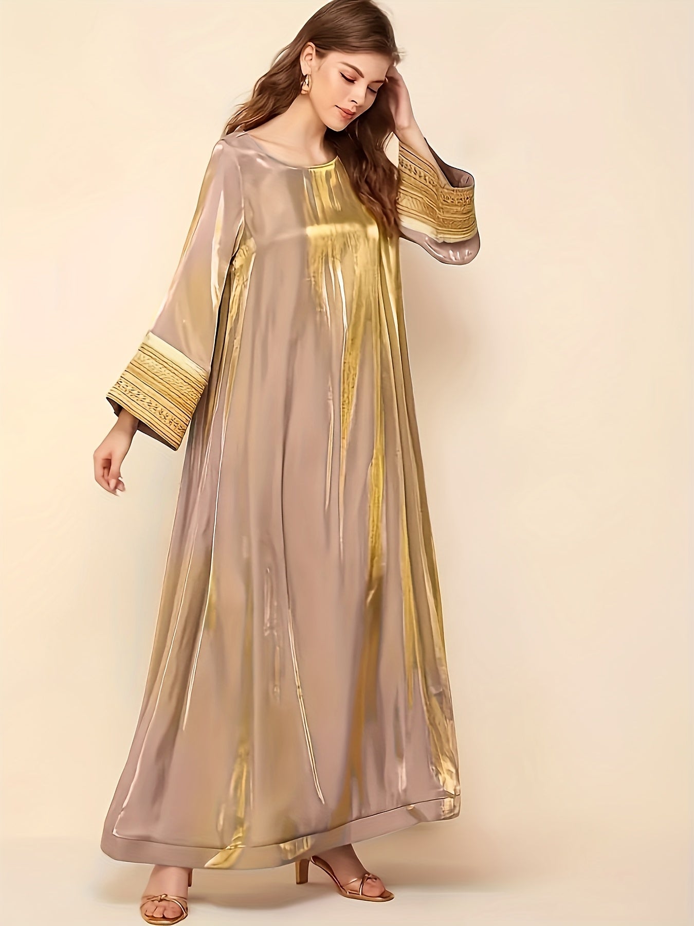 Elegant Long-Sleeve Baju Abaya | Golden Lace Accents, Reflective, Loose Fit, Round Neck, Perfect for Spring/Fall, Women's Fashion, Fall Fashion
