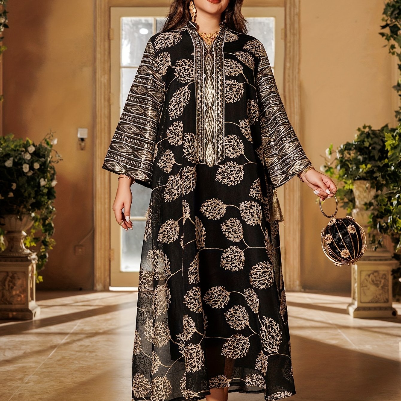 Oriental Middle Eastern Muslim Eid New Style Dress Women's Abaya V-Neck Regular Fashion Slit Sleeve Mesh Embroidery Beaded Craft Evening Gown Jalabiya Turkish Evening Wear Abaya