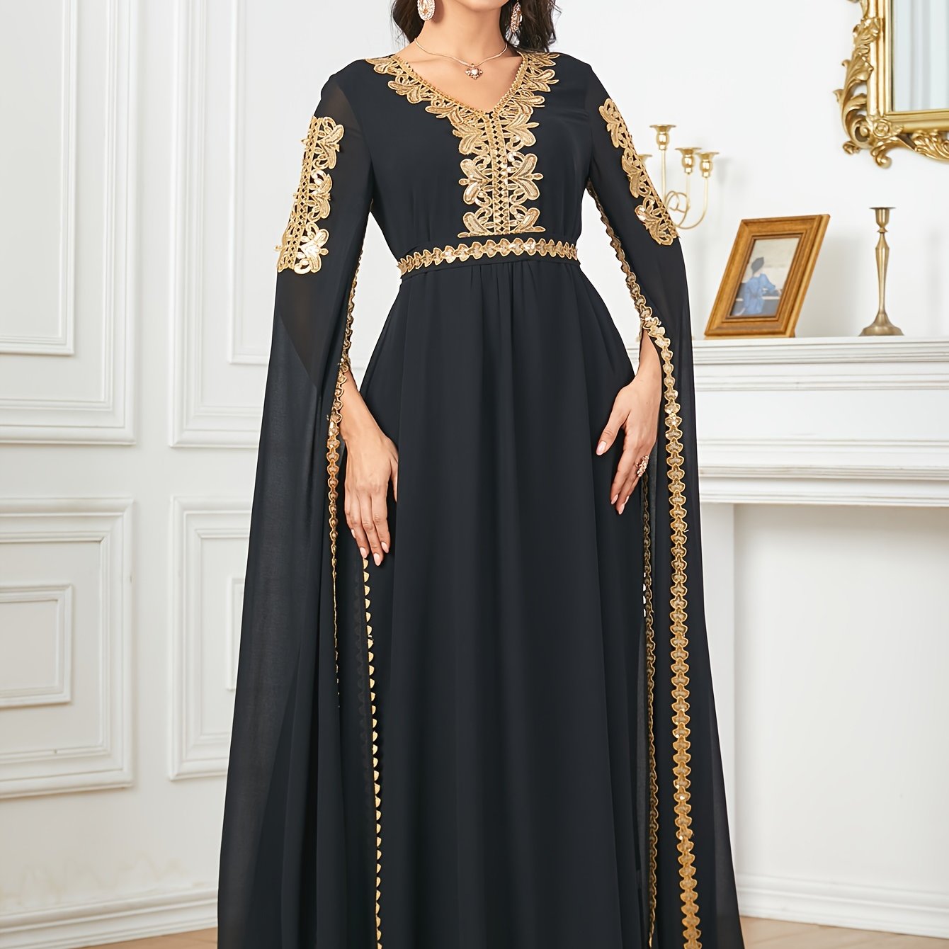 Elegant Black Sequin Embroidered A-Line Maxi Abaya Dress with Golden-Tone Embroidery, Slit Sleeves & Adjustable Waist Belt - Middle Eastern-Inspired Formal Party Wedding Guest Dress, Cultural Attire, Nontransparent Fabric