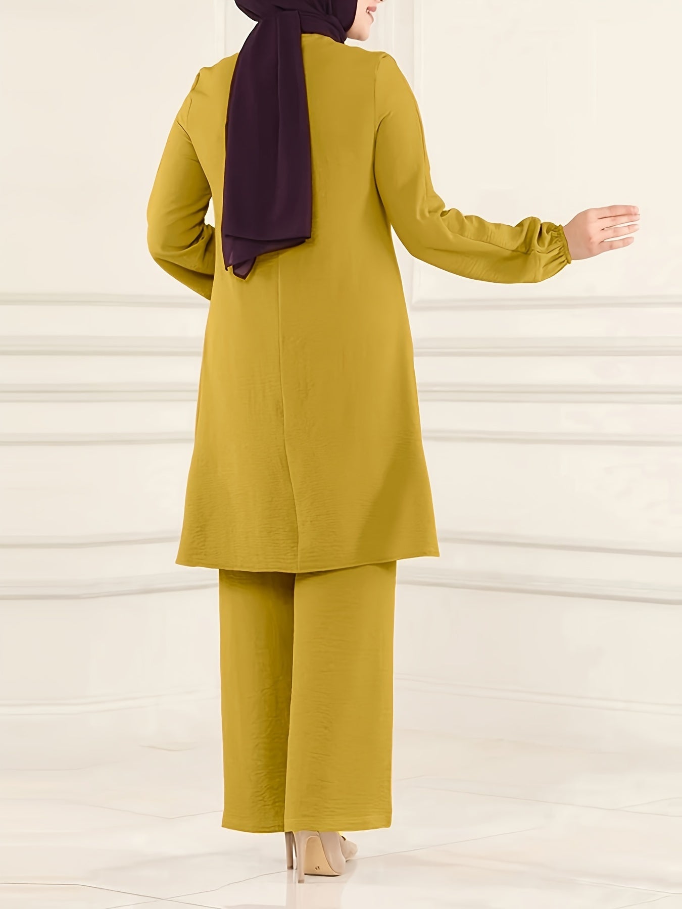 Ramadan Elegant Pure Muslim Two Piece Set, Long Sleeve Round Neck Top and straight-leg Pants Jilbaab Outfits, Women Clothing