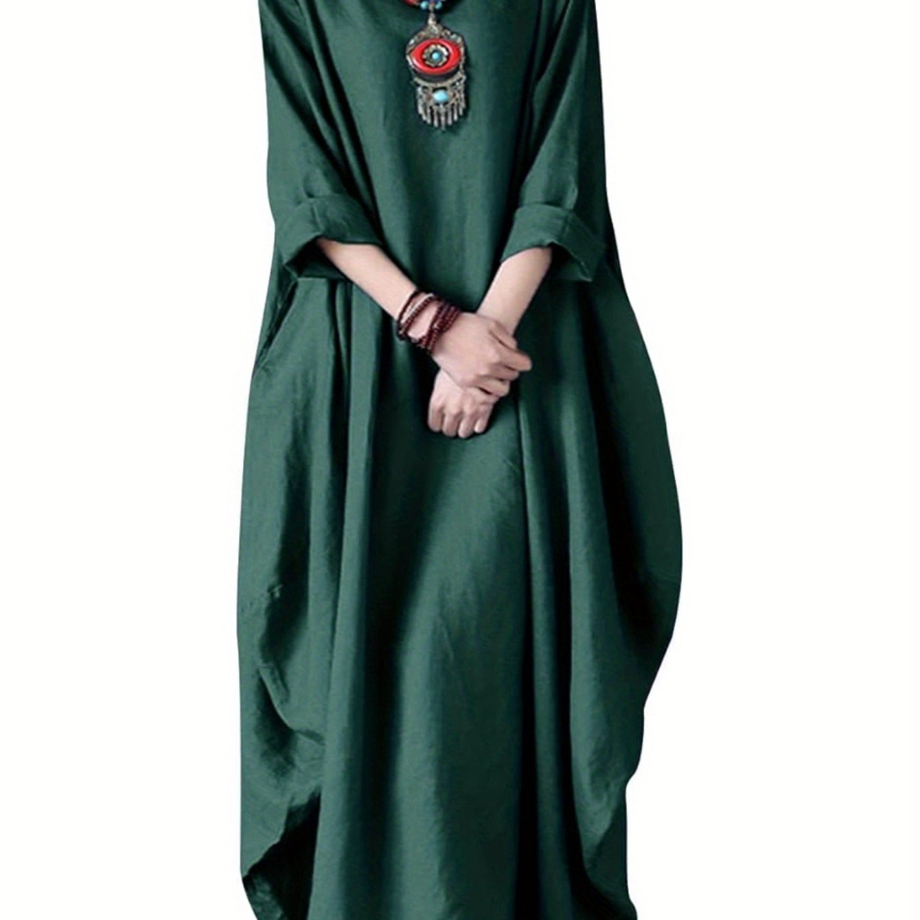 Women'S Elegant Long Dress Caftan Gown - Flowy A-Line Maxi Dress, Soft Everyday & Formal Outfit for Women, All-Season Casual to Formal Events, Versatile Clothing, Round Neckline, Comfortable Wear, Event Attire, Simple Design,