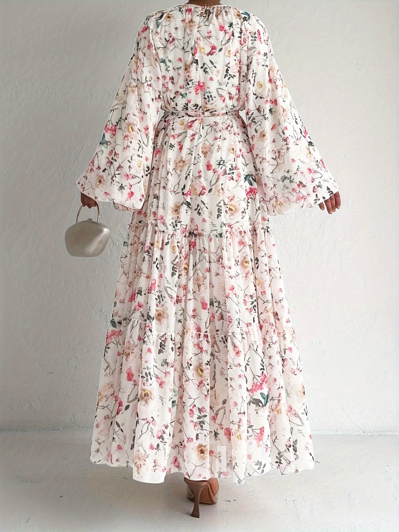 Elegant Long Sleeve Maxi Kaftan Abaya - Floral Print, Micro Elastic Polyester, Belted, Machine Washable, Middle Eastern Style, Random Printing - Perfect for All Seasons