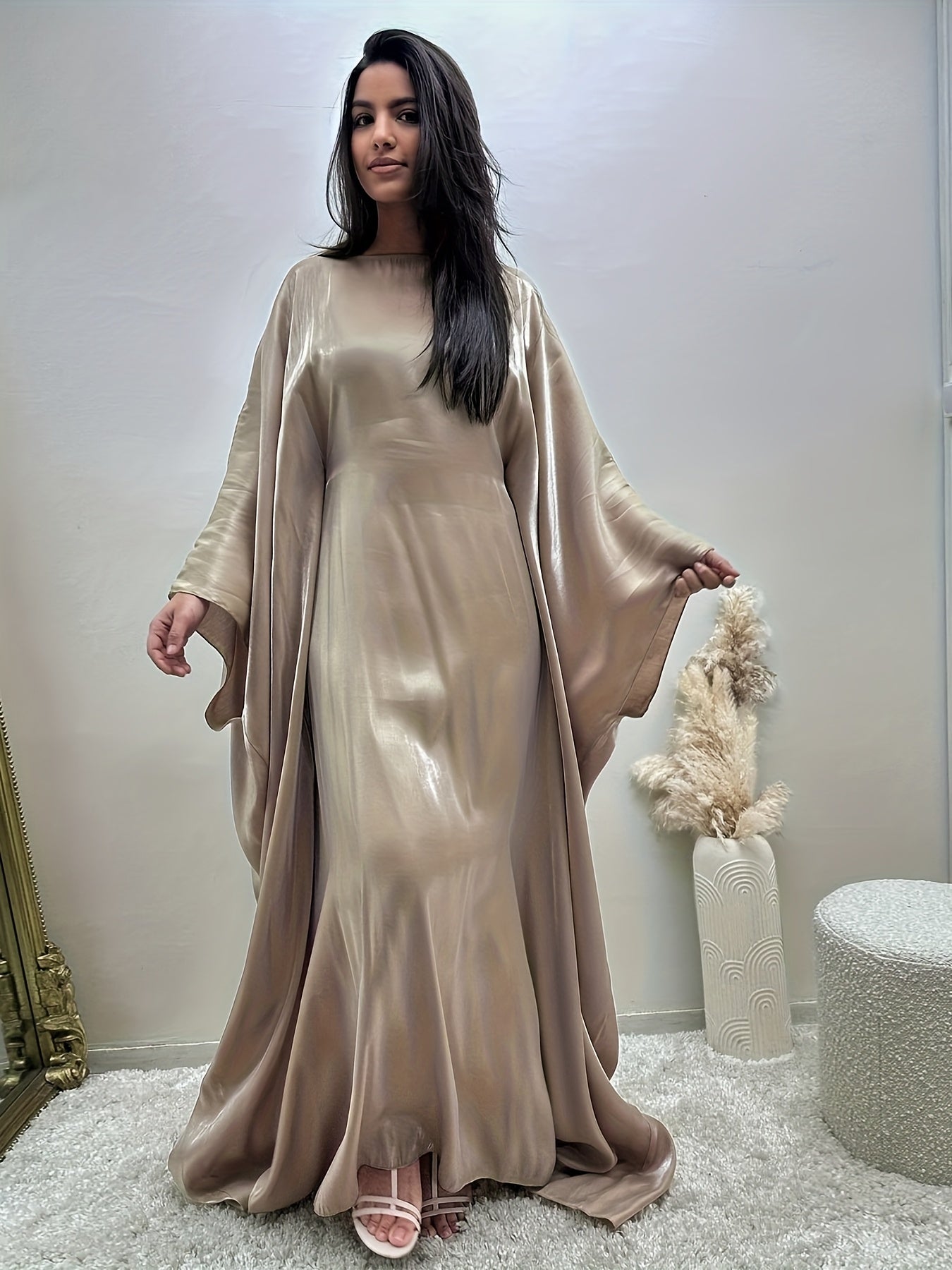 Women's Modest Arabic Abaya Robe Dress - Long Sleeve Asymmetrical Hem Shiny Fabric Cover-Up, Machine Washable All-Season Versatile for Parties Daily Outings, Solid Color Traditional Attire