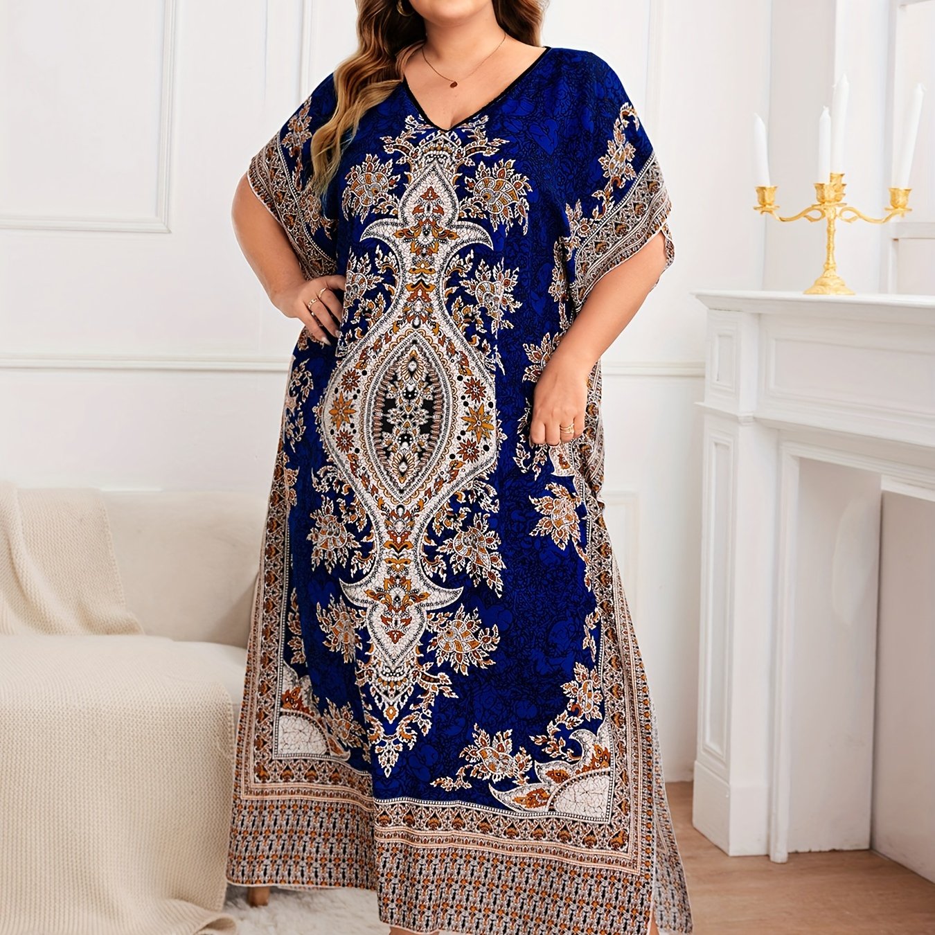 Plus Size, European and American Plus Size Women's Bohemian Vacation Dress with Middle Eastern Kaftan Abaya Style