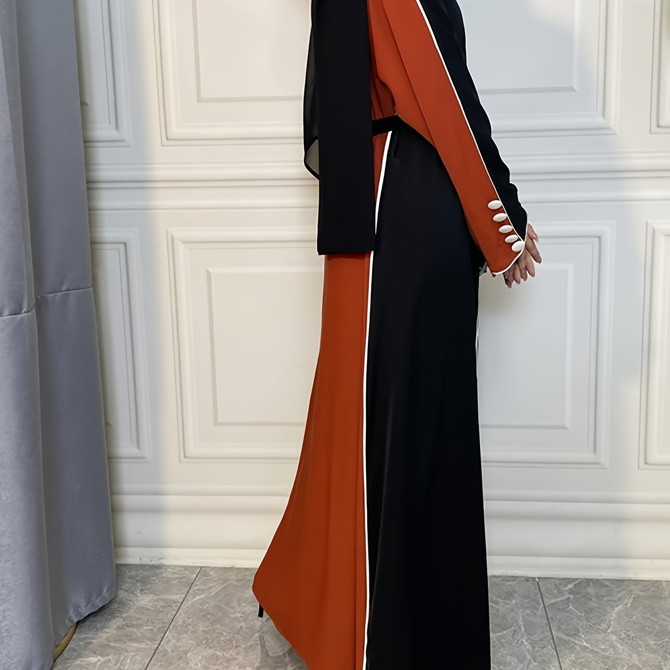 Women's Elegant Patchwork Batwing Sleeve Open Abaya - Long Sleeve, Button-Up Front, Lightweight Polyester, Perfect for Spring & Fall Casual Wear, Stylish Outdoor Attire | Breezy Abaya