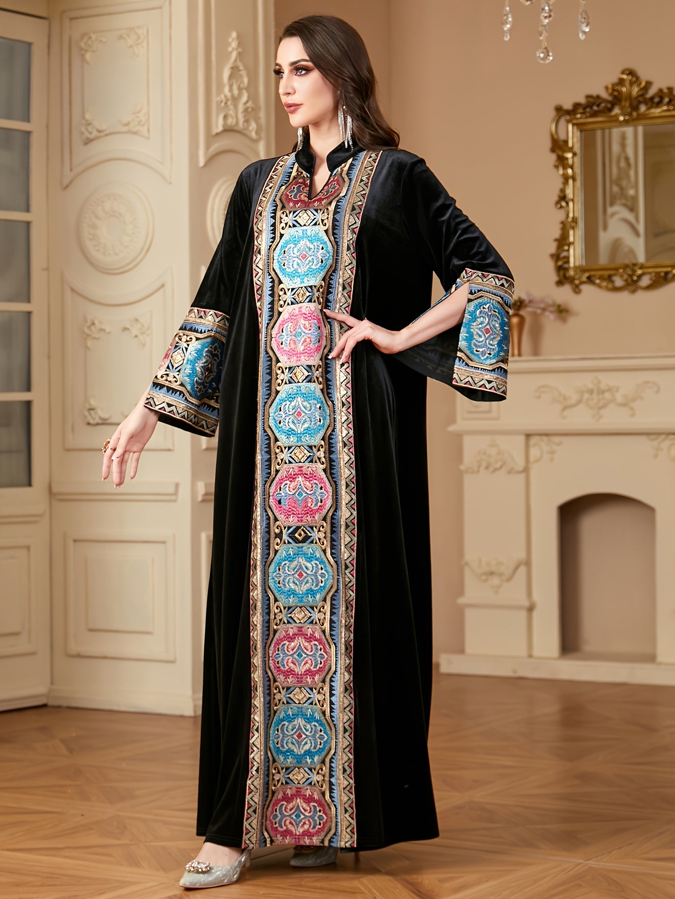 Women's Middle Eastern-Inspired V-Neck Long Sleeve A-Line kaftan Abaya - Burgundy with Multicolor Embroidery, Loose Fit Floor-Length Traditional Elegance for Autumn/Winter, Machine Washable
