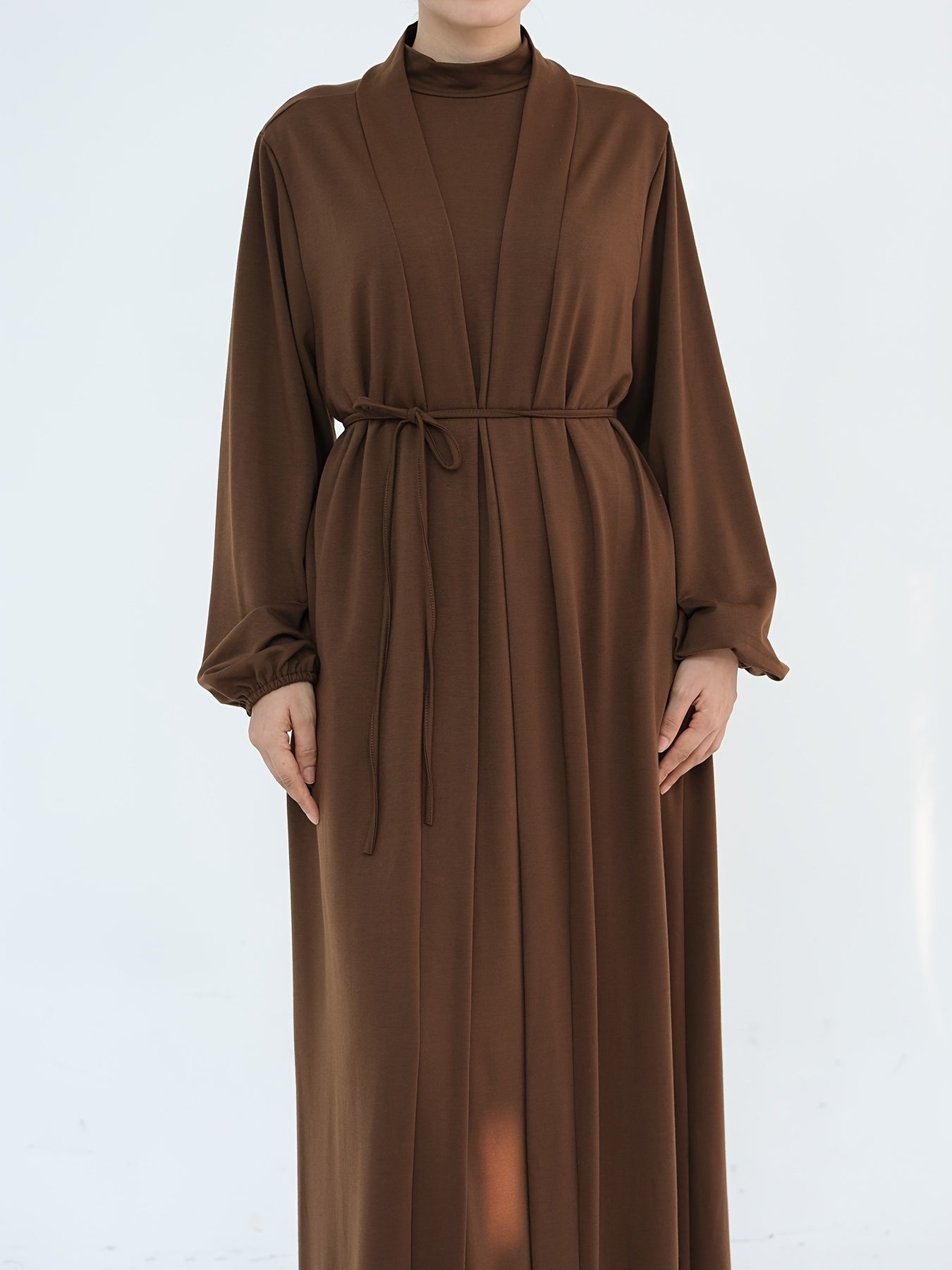 2pcs Solid Color Dress + Casual Round Neck Sleeveless Vest | Women's Clothing, Long Sleeve Arabic Abaya