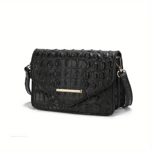 Saddle Croc-Embossed Leather Crossbody Shoulder Bag - Top-Grain Genuine Leather, Detachable Strap, Zipper Closure