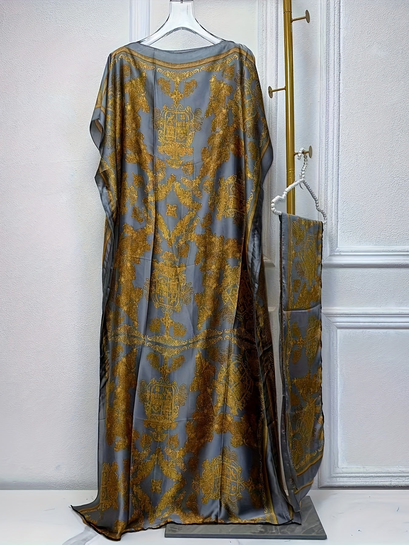 Lightweight Polyester Women's Kaftan Abaya Dress | Golden Floral Print Batwing Sleeve Loose Fit Maxi Dress, Middle Eastern-Inspired Spring Summer Fall Casual to Formal Wear with Scarf