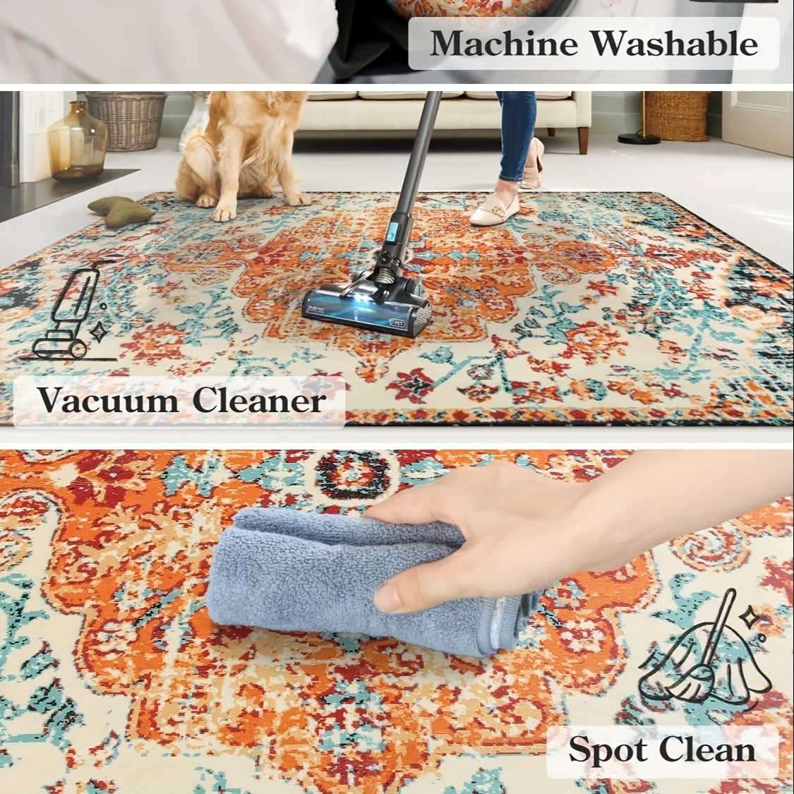Bohemian Floral Medallion Area Rug - Oriental Distressed Bedroom Carpet Country Vintage Faux Wool Indoor Throw Mat Non-Slip Washable Low-Pile Carpet For Bathroom Living Kitchen Laundry Room