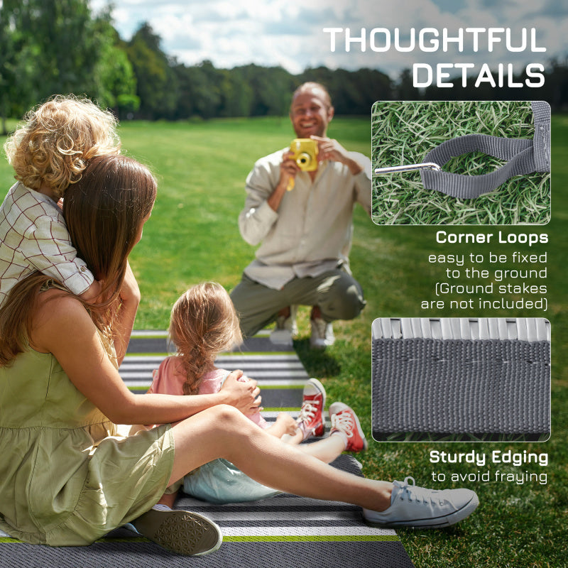 9'x12' Reversible Waterproof Outdoor Medium Rug - Durable Plastic Straw Portable RV Camping Mat with Carry Bag, Green & Gray Striped Floor Carpet for Backyard, Deck, Beach