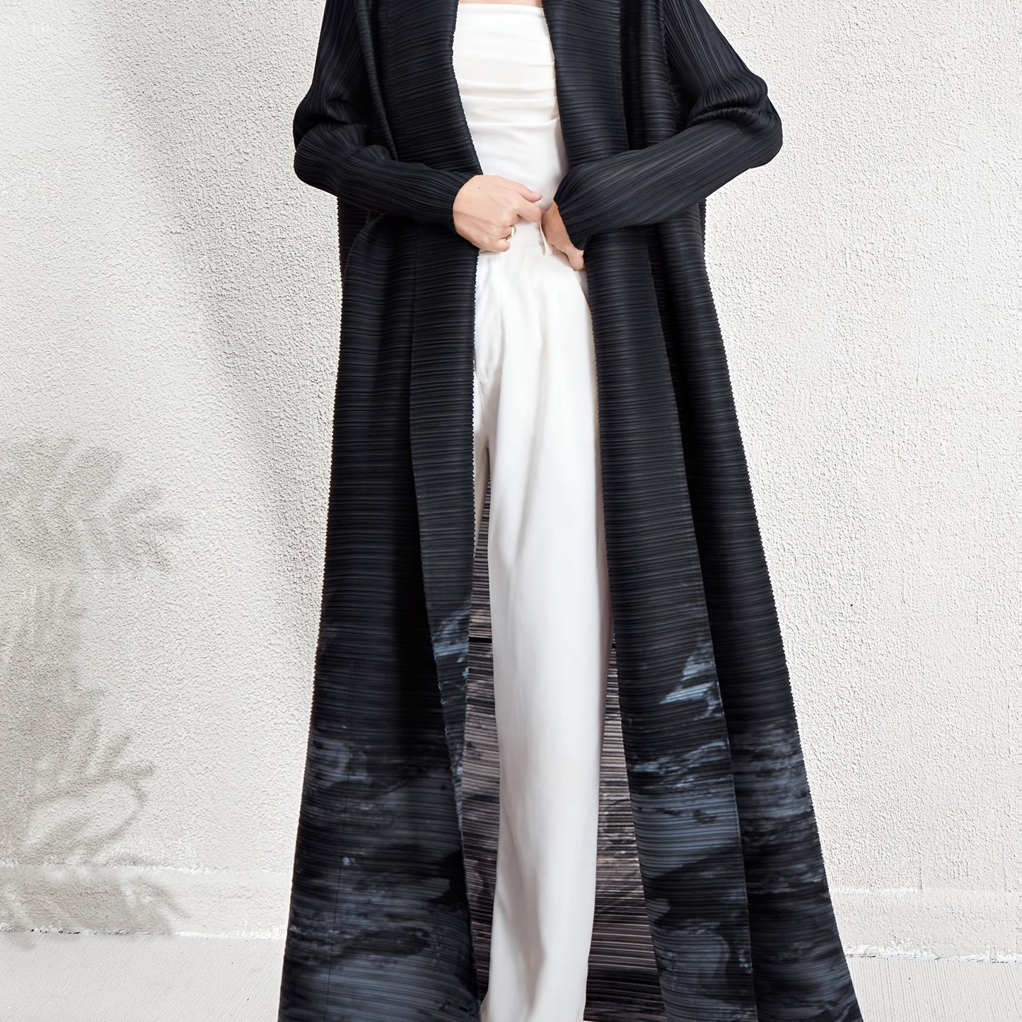 Women's Plus Size Geometric Print Long Sleeve Abaya Dress - Black & White Pleated Cardigan with Belt, Casual Loose-Fit Maxi Wrap for All Seasons