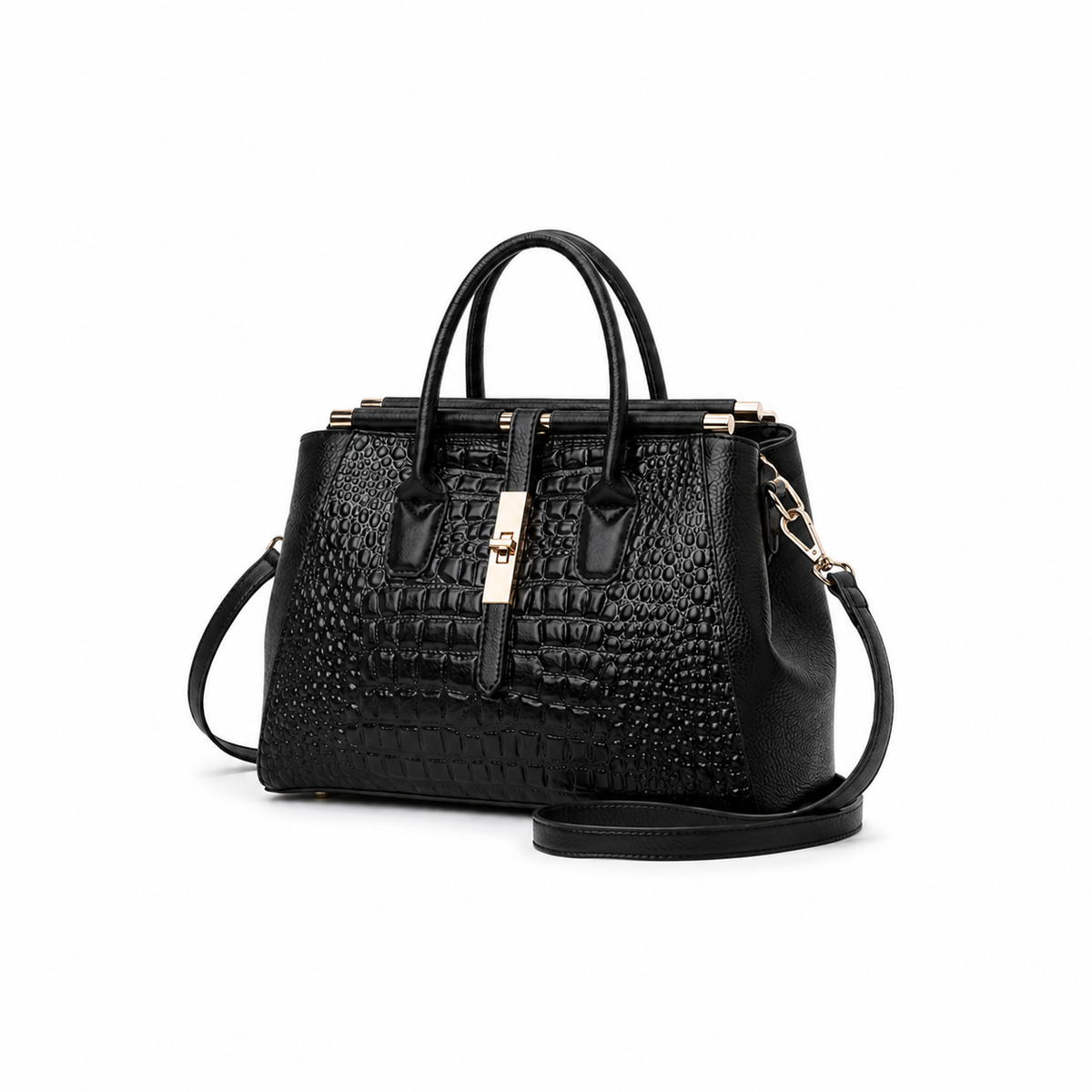 Luxe Black Crocodile Embossed Structured Handbag