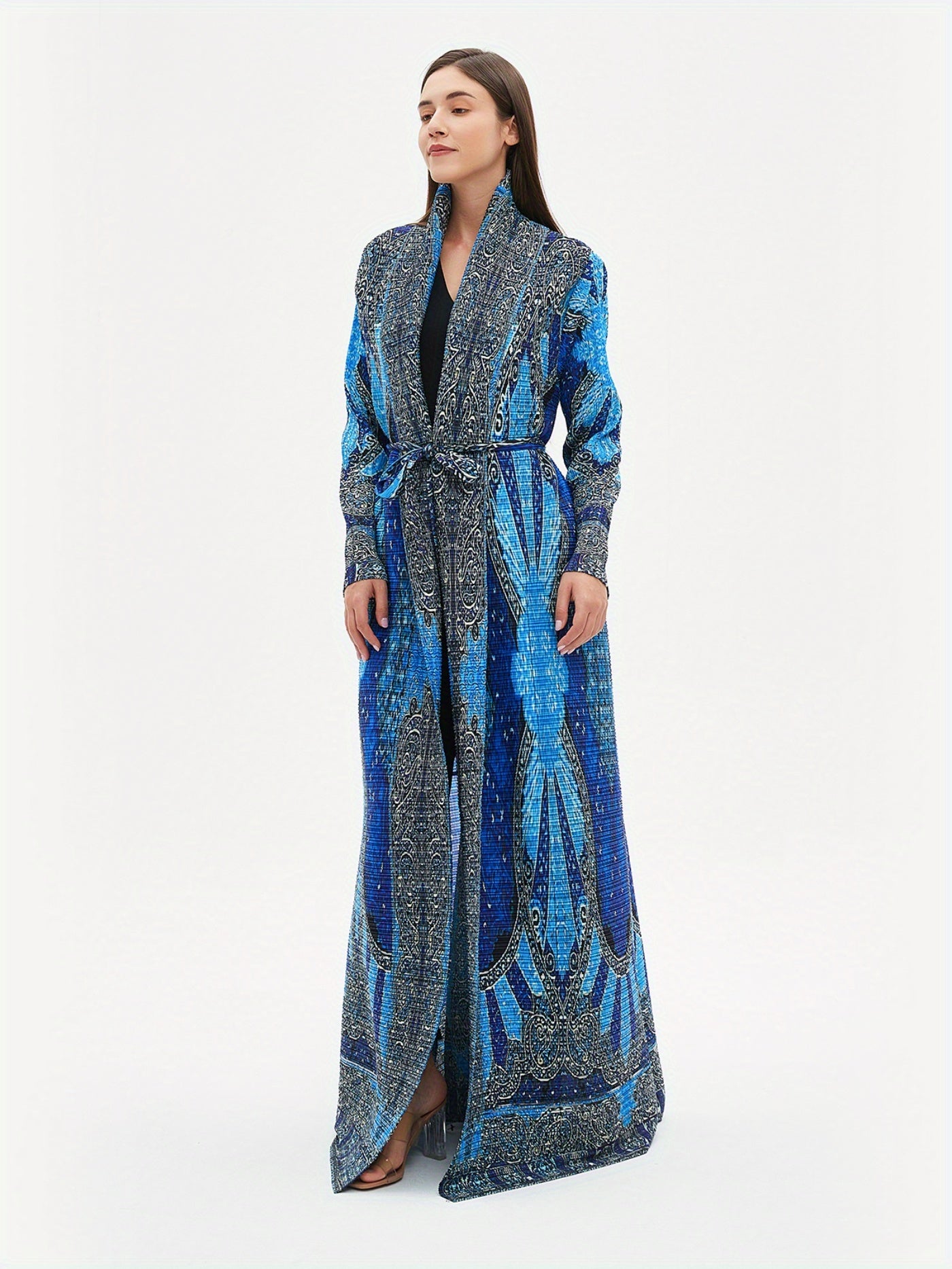 2025 Summer New Miyake-Style Kaftan Abaya, Long Sleeve, High-Elasticity Polyester Dress with Geometric Print, Belted Waist Design - Versatile for Daily Commute & Formal Occasions