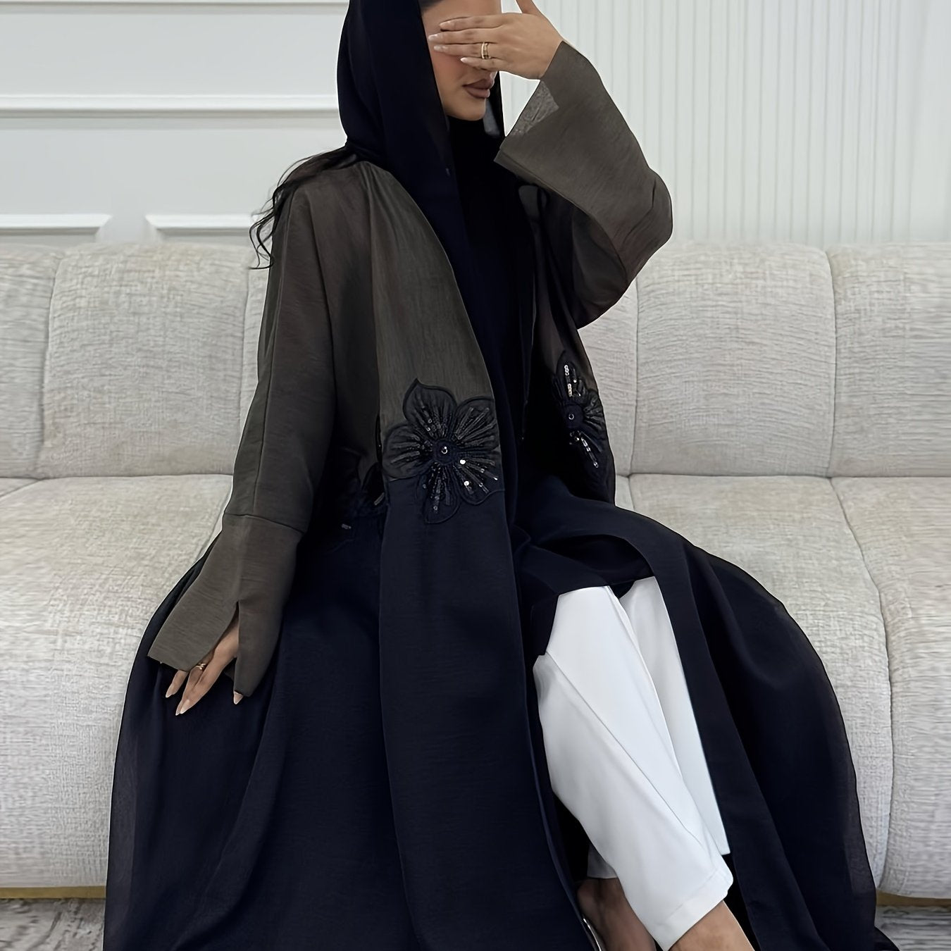 Elegant Modest Muslim Women's Abaya Robe with 3D Beaded Appliqués - Chic Open Front, Long Sleeve, High-Quality Fabric, Dark Blue & White Color Block, Loose Fit for All Seasons, Muslim Dress