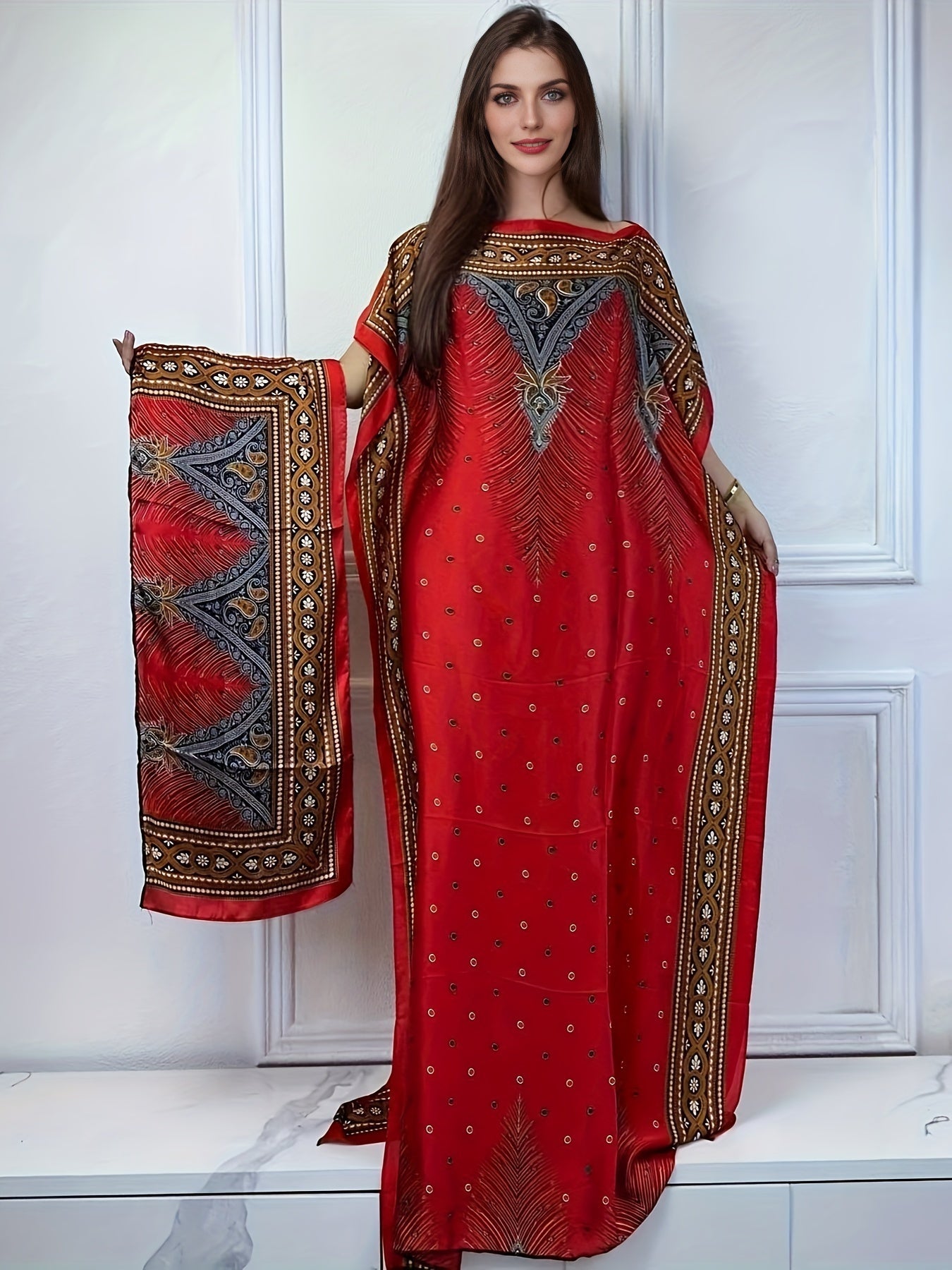 Print Abaya | Women's Clothing | Elegant Short Batwing Sleeve Kaftan | Loose Dress With Scarf | For Spring & Summer