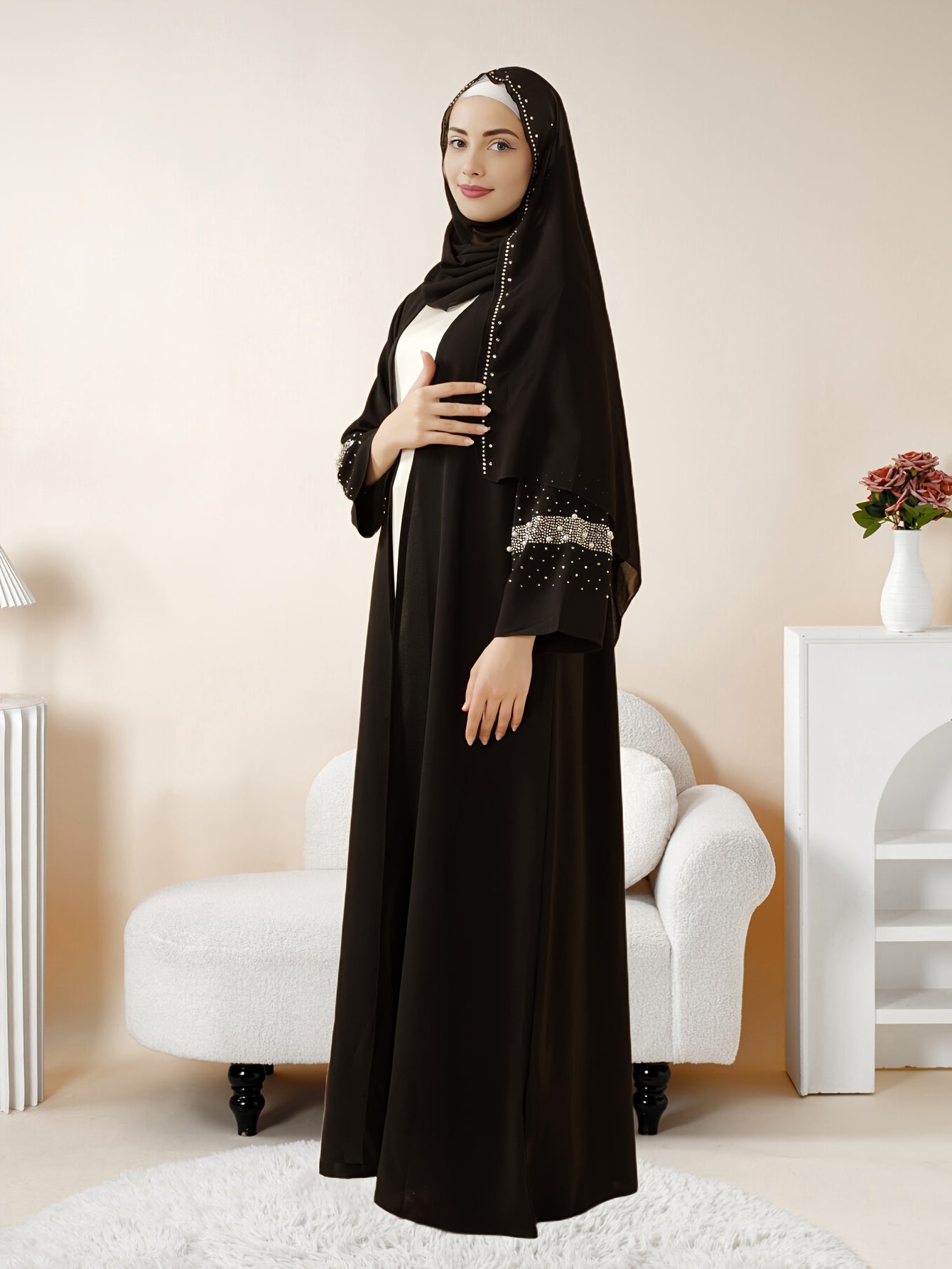 1pc Muslim Eid Al-Adha Long Scarf Arabic Abaya Set, Two-Piece Islamic Women's Ramadan Eid Prayer Dress, Holy Commemoration Robe, Global Spring Summer Comfortable Covering Outfit