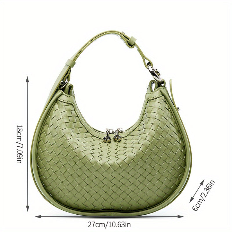 2025 New Niche Cowhide Woven Handbag for Women - Adjustable Crossbody Shoulder Bag with Zipper Closure, Vibrant Green Woven Texture