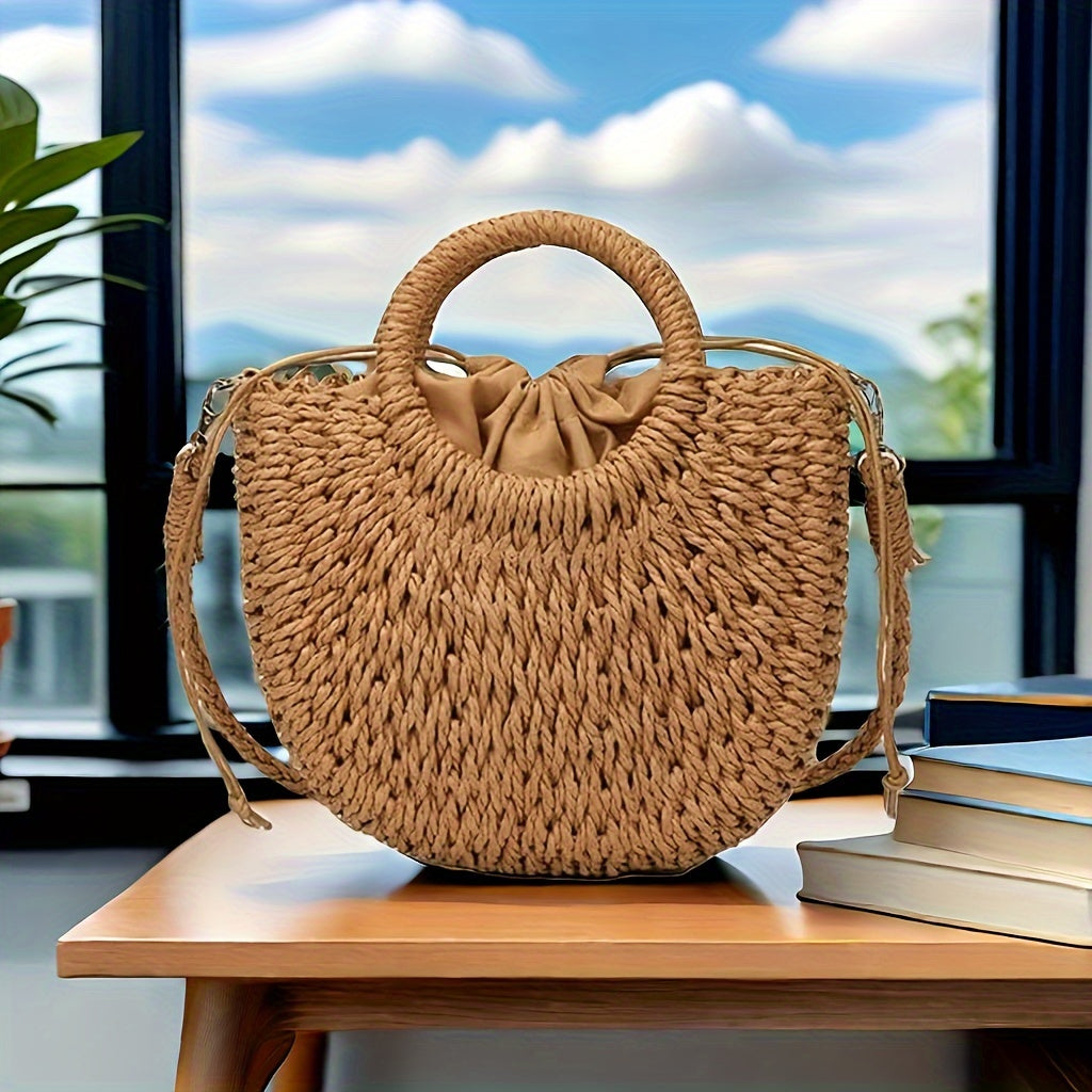 Hand woven Leather Shoulder Bag Women's Summer Beach Tote with Polyester Lining, Drawstring Closure, and Detachable Messenger Strap
