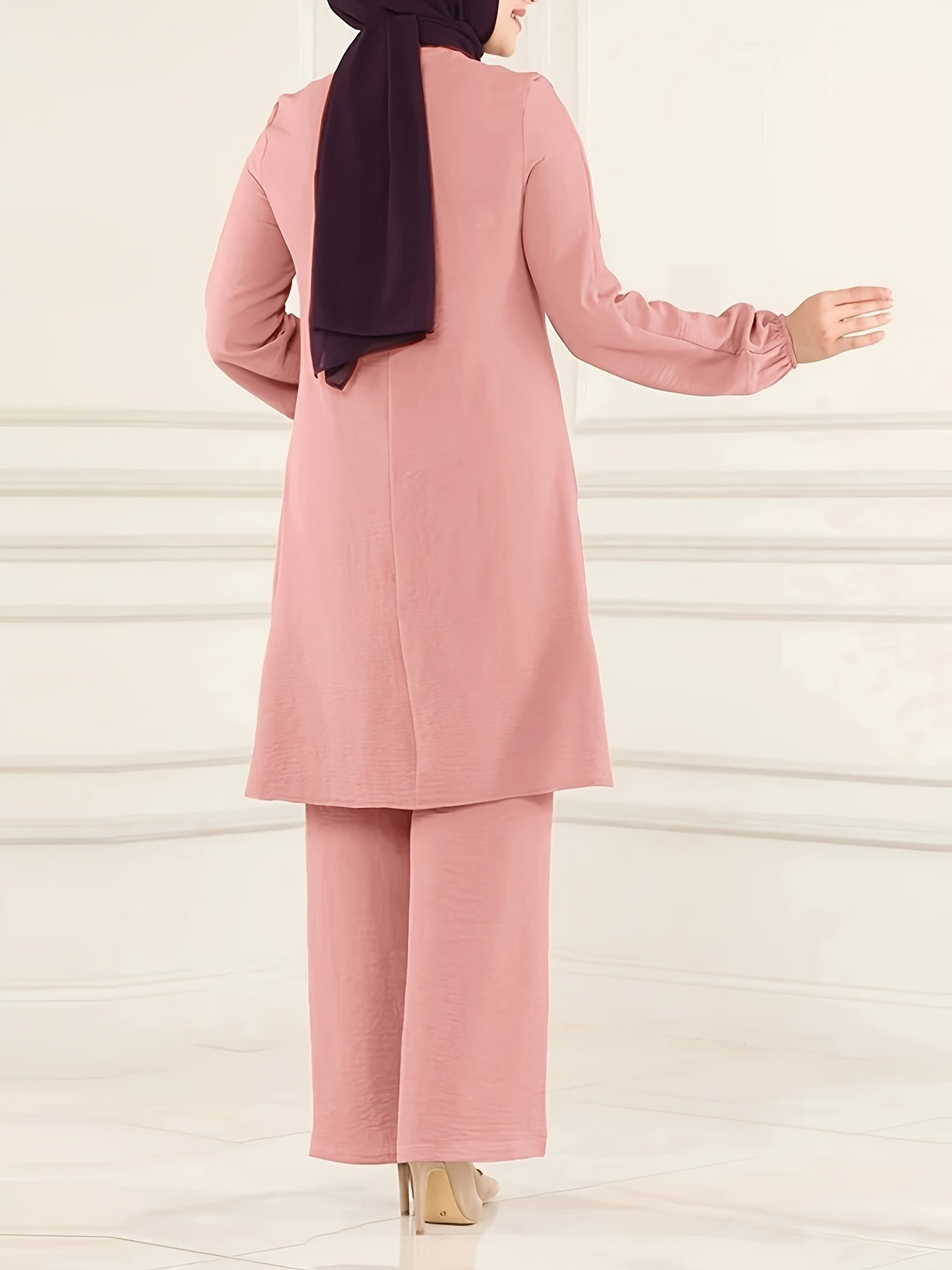 Ramadan Elegant Pure Muslim Two Piece Set, Long Sleeve Round Neck Top and straight-leg Pants Jilbaab Outfits, Women Clothing