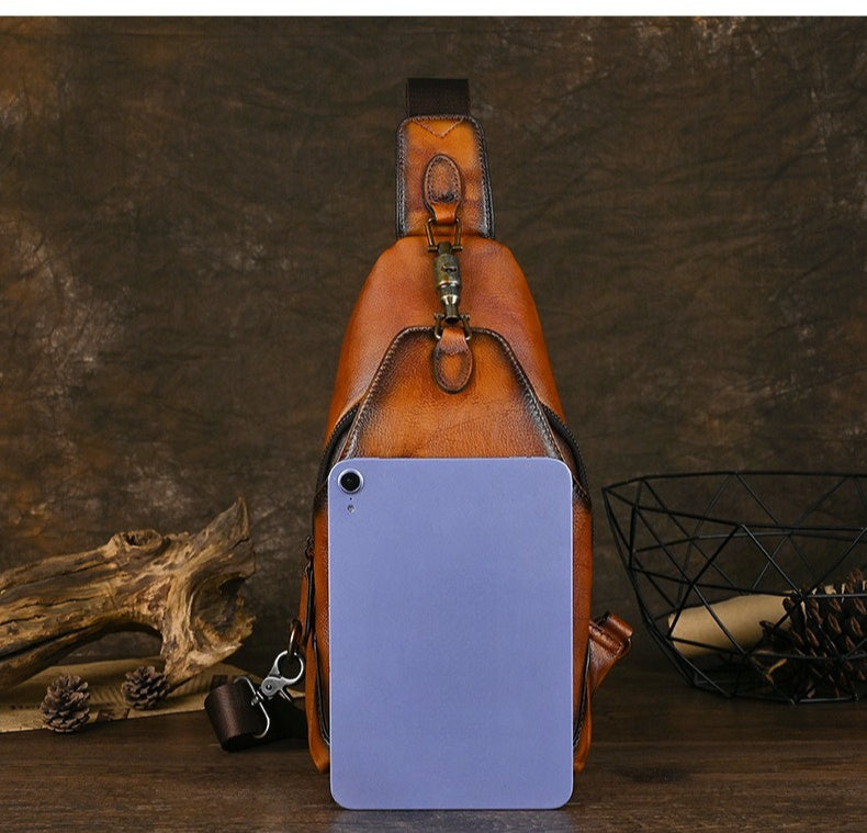 Handmade Genuine Leather Men's Retro Sling Bag - Adjustable Anti-Theft Crossbody Bag with Large Capacity