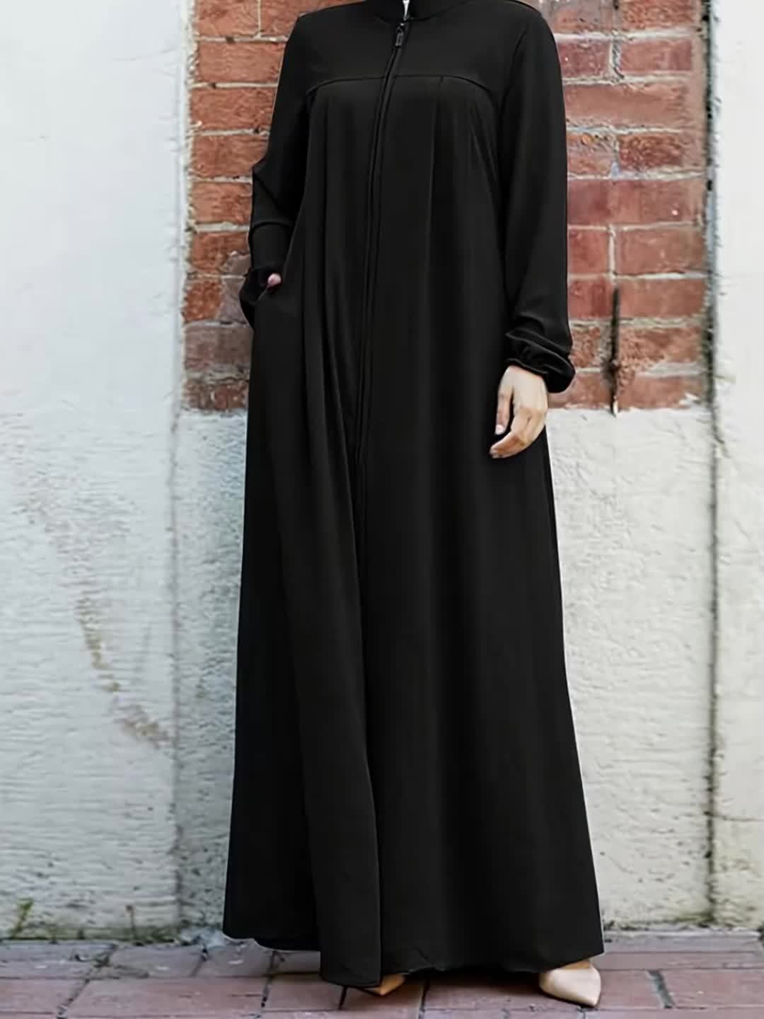 Elegant Black Long Sleeve Palestinian Abaya Dress with Zipper Pockets - Casual Loose Fit, Collared Neckline, Traditional Middle Eastern Style, Comfortable Women'S Dress|Casual Elegance|Pocketed Dress