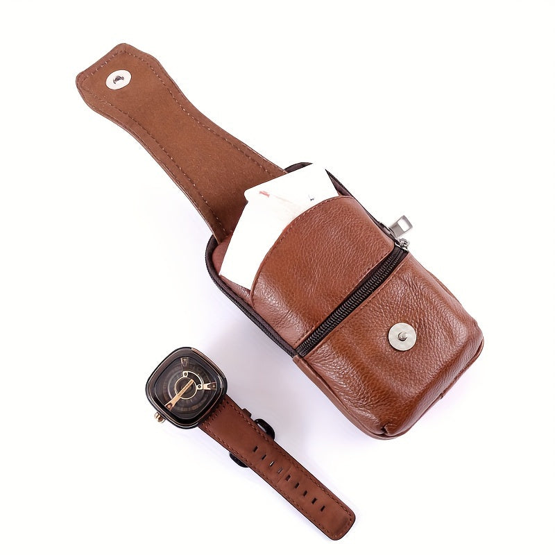 Men's Genuine Leather Phone Belt Bag - Casual Style, Multi-Functional Belt Pouch with Multiple Compartments, Lightweight & Durable