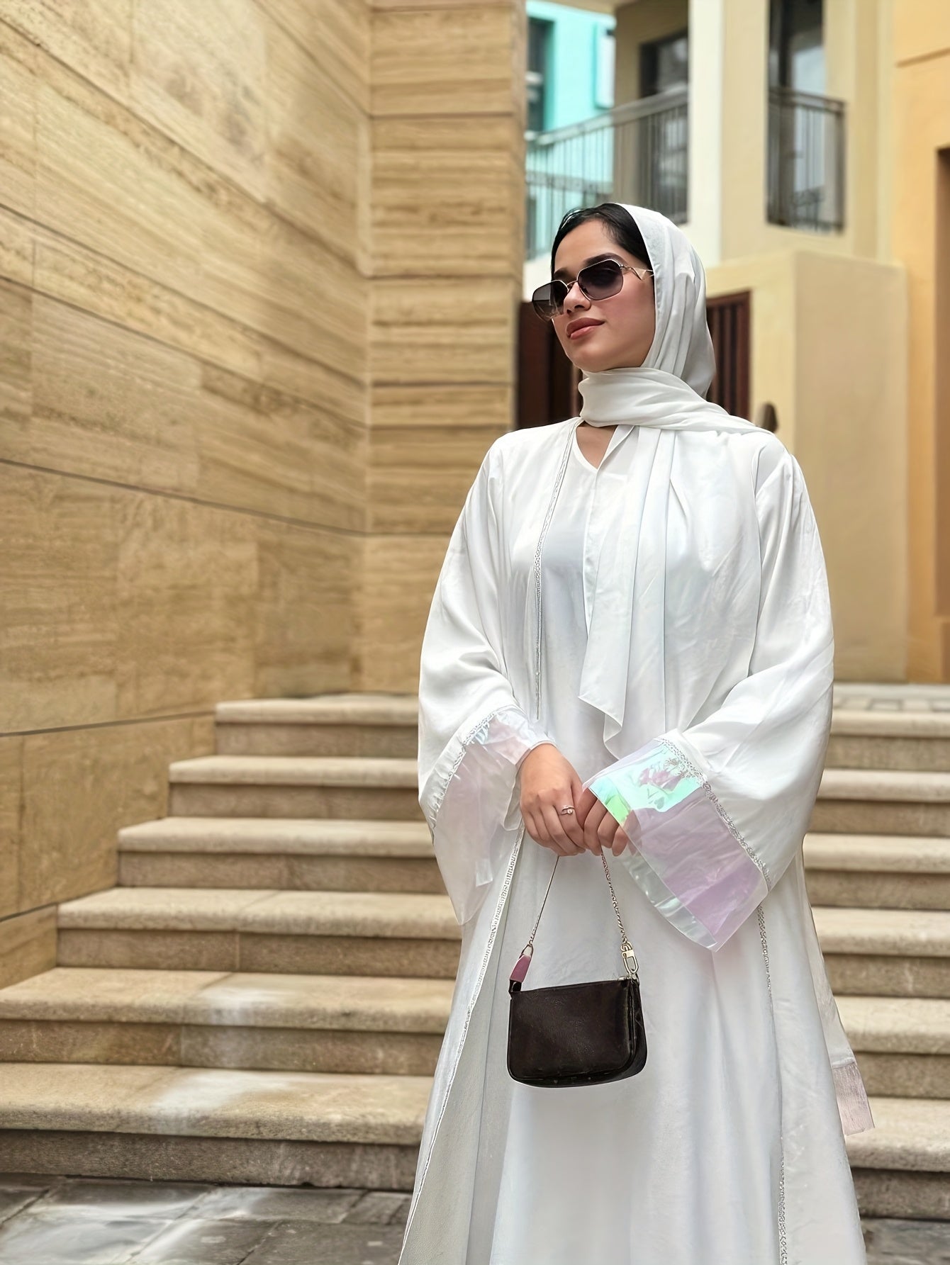 2pcs Set, Dubai Fashion Rhinestone Embellished Muslim Emirati Abaya/Jilbab with Long Sleeve Round Neck Dress and Headscarf, 100% Polyester, Solid Color, All-Season, Long Length, No Belt