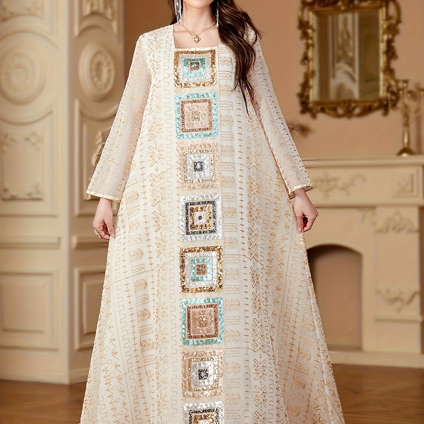 Muslim Sequin Patchwork Dress Women's Jalabiya Ramadan Morocco Dubai Mesh Fashion Kebaya Loose Kaftan Abaya