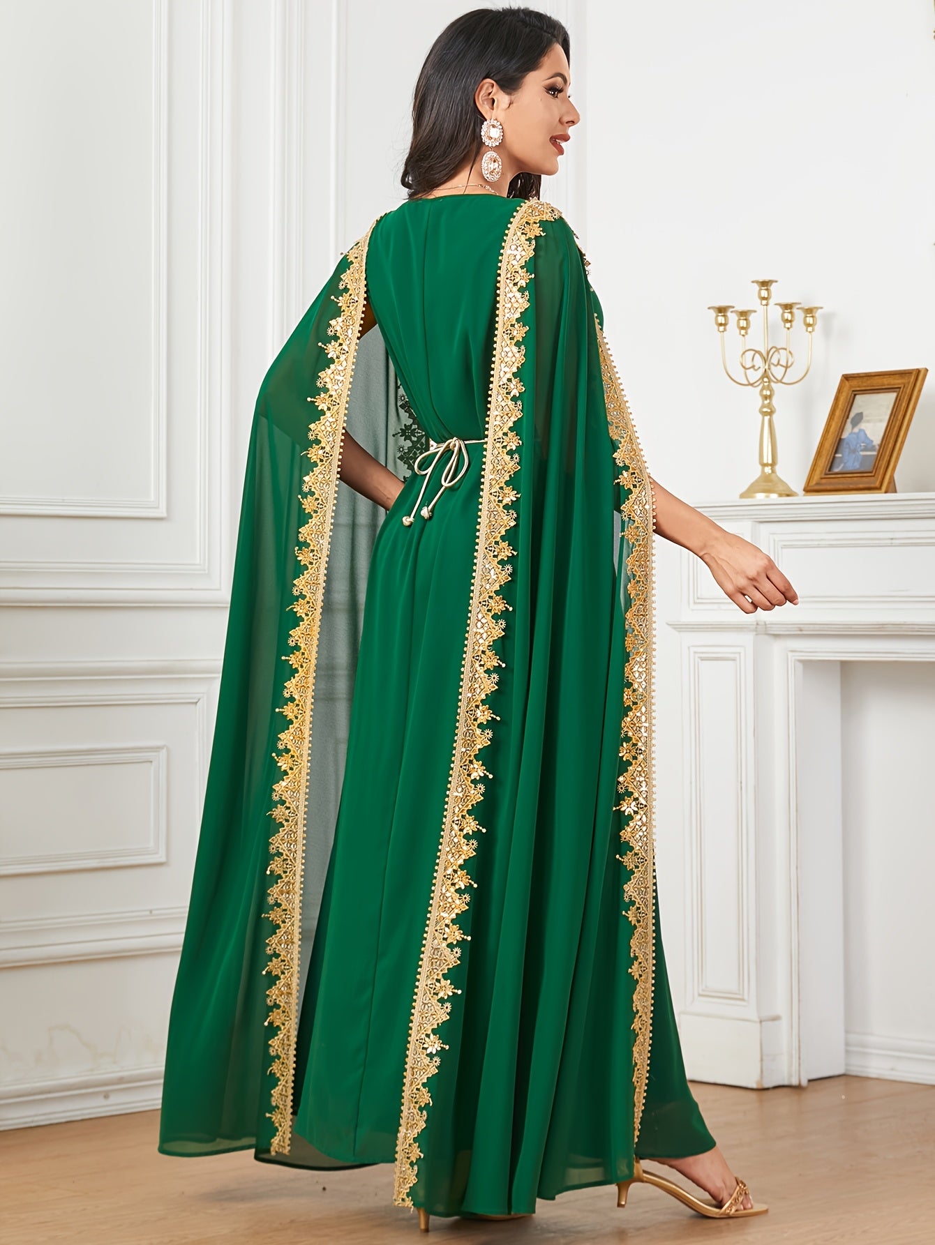 Middle Eastern-Inspired Emerald Green Sequin-Trimmed Lace Embroidery Robe Modern Abaya - Long Sleeve A-Line Gown with Golden Accents, Machine Washable Formal & Casual Wear