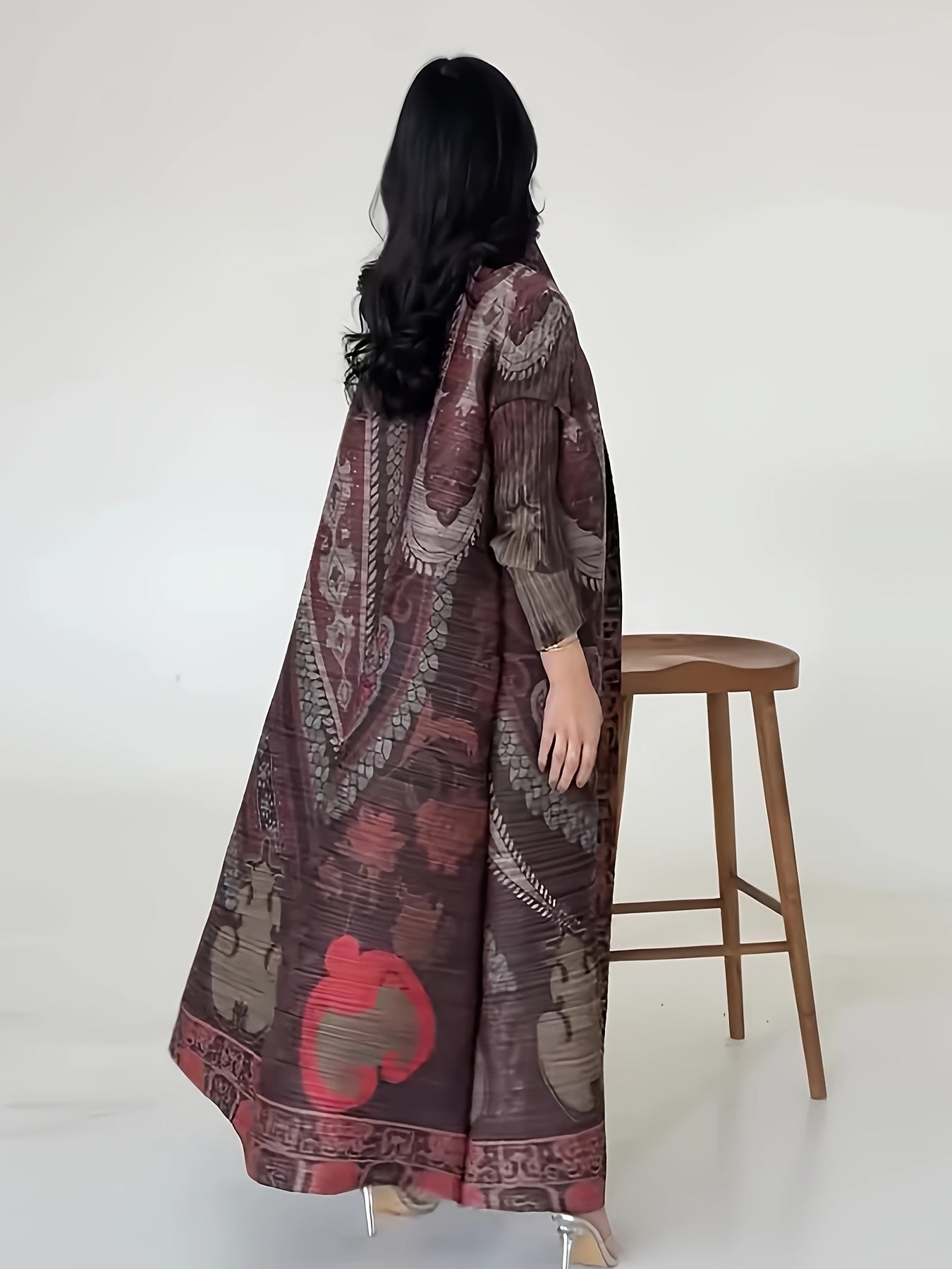 Elegant Oversized Kaftan Dress with Intricate Print - Loose Long Sleeve, Open Front Abaya, High Stretch Fabric, Perfect for Spring & Fall, Commuting Fashion, Elegant Attire | Elegant Sleeve Dress