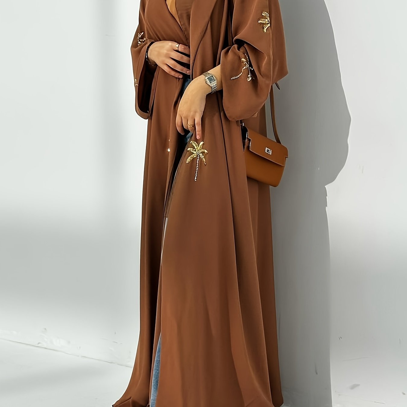 Elegant Brown Kimono Abaya with Golden Embroidery - Modest Long Dress for Women, Perfect for Casual Outings, All-Season Comfort, Casual Abaya | Elegant Abaya | Sequin Embroidery