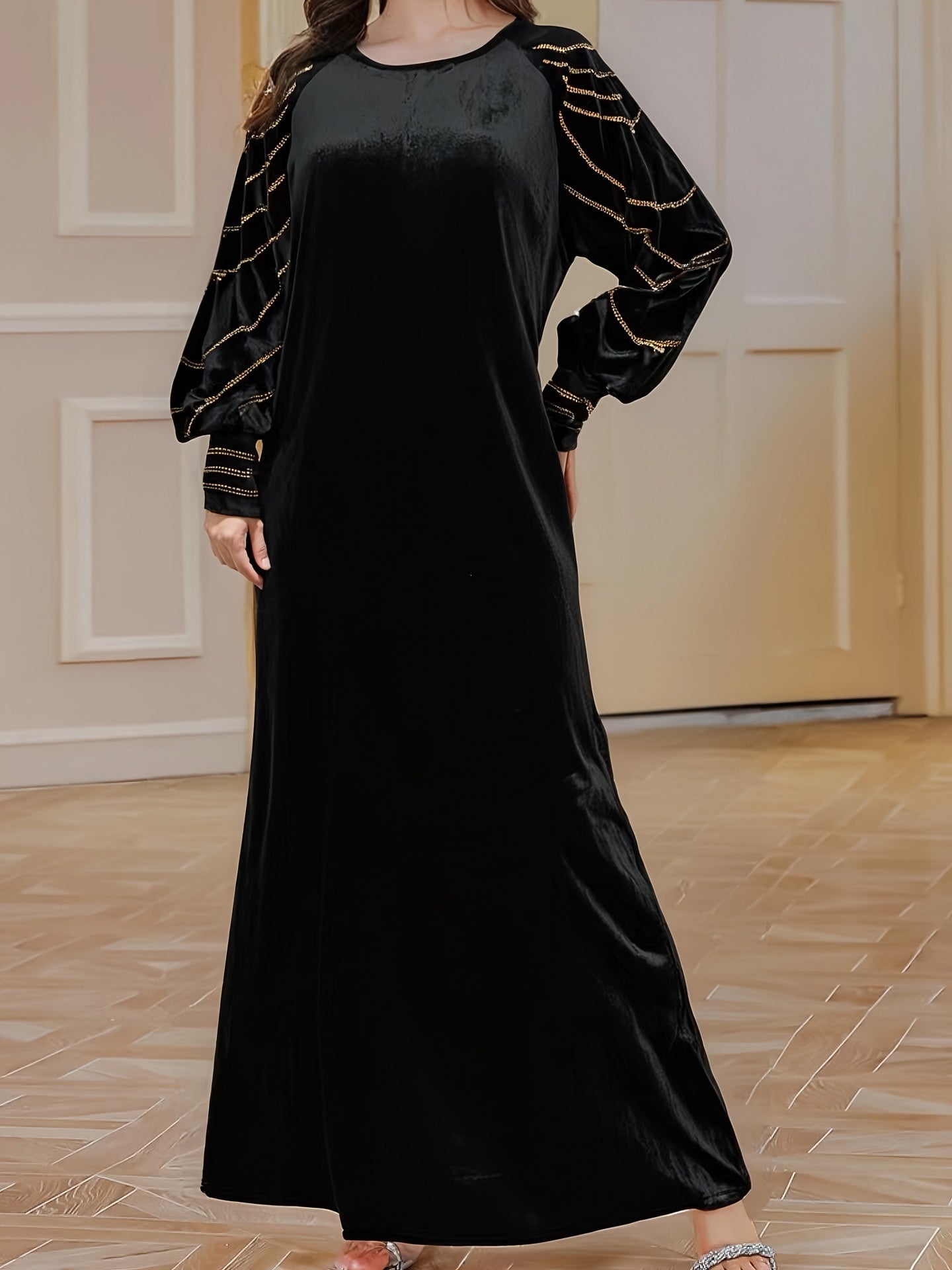 Elegant Black Rhinestone-Embellished Long Turkish Abaya for Women - Elegant Sleeveless Midi with V-Neck, Perfect for Ramadan & Eid, Stylish Turkish And Arabic Fashion, Ramadan Dress