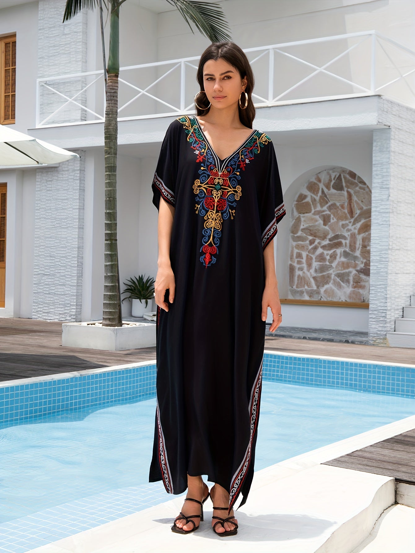 Women's Embroidery Swimsuit Cover Ups Beach Cover Up Kaftan Plus Size V Neck Ethnic Style Batwing Sleeve Kaftan Dress - For Women - Suitable for Beach, Pool, Vacation - Perfect Gift for Summer