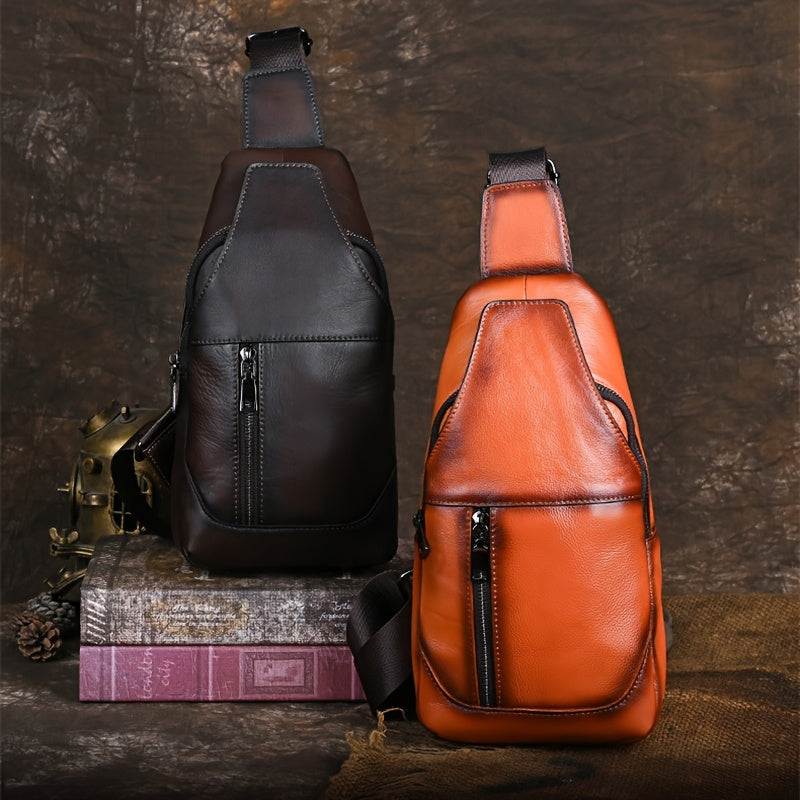 Men's Vintage Genuine Leather Chest Bag - Large Capacity Casual Messenger Shoulder Bag with Zipper Closure, Outdoor Shoulder Bag | Retro Style Bag