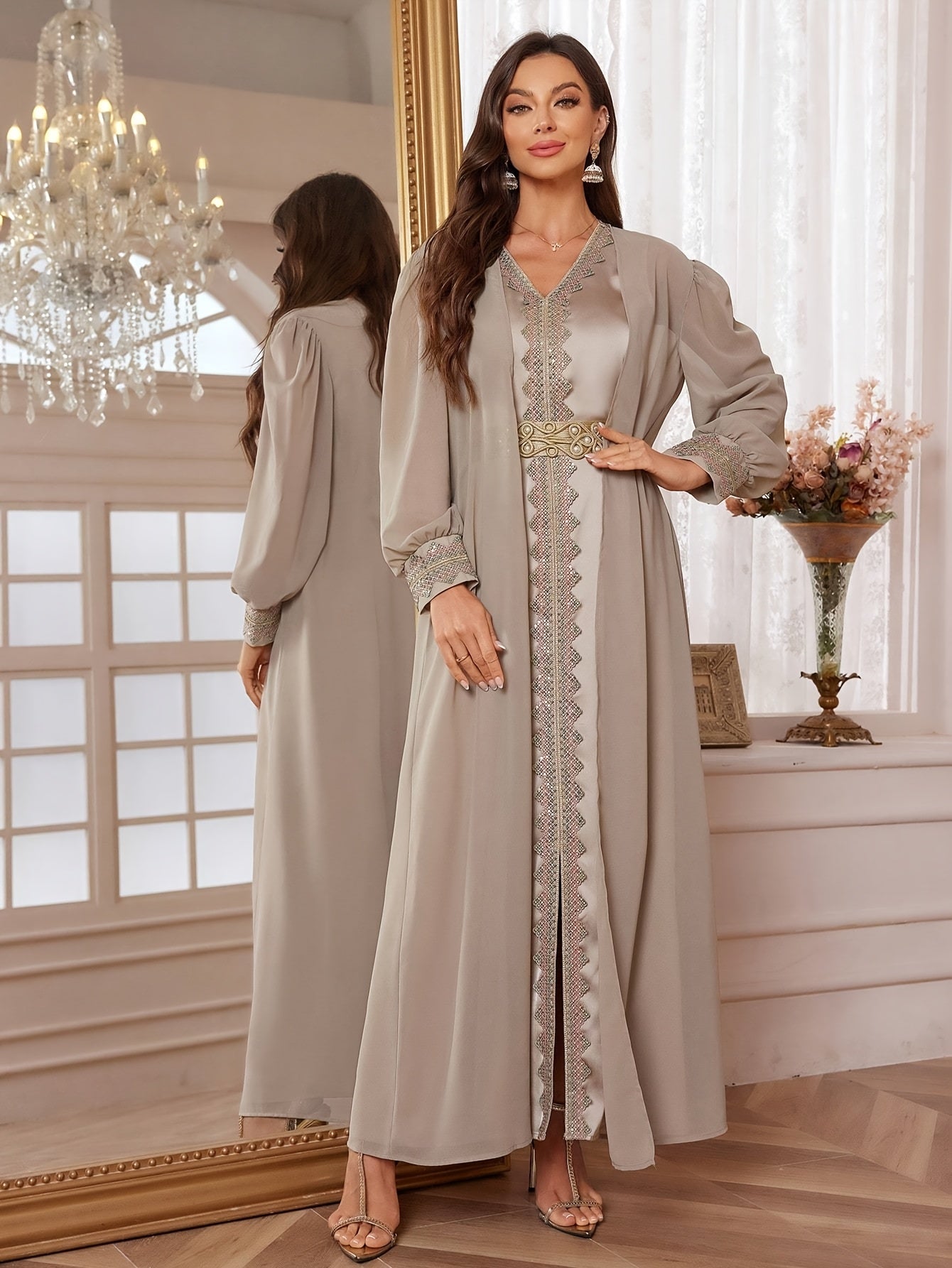 Women V-Neck Sleeveless Lace Elegant slit Abaya Dress with Detachable Belt And Arab Style Outer Long Sleeve Two-Piece Set