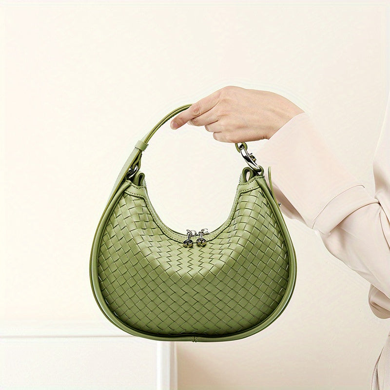 2025 New Niche Cowhide Woven Handbag for Women - Adjustable Crossbody Shoulder Bag with Zipper Closure, Vibrant Green Woven Texture