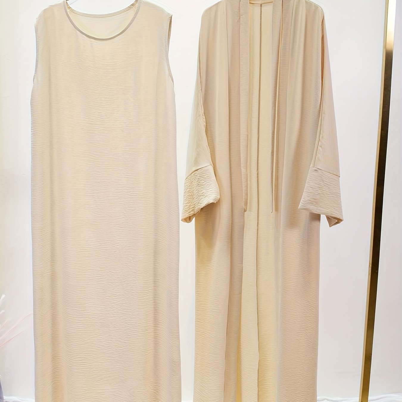 Ramadan Solid Color Modest Pakistani Abaya Set, Casual Crew Neck Sleeveless Tank Dress & Open Front Long Sleeve Tie Cardigan Outfits, Women's Clothing
