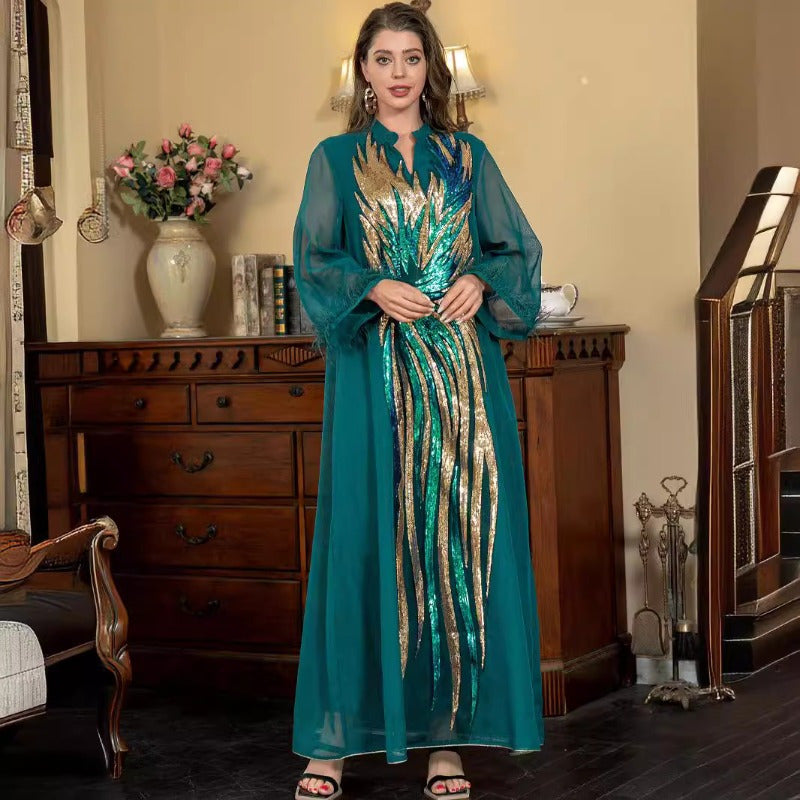 Women's Elegant Islamic Abaya Robe -Modern Long Sleeve V-Neck Islamic Dress with Floor-Length Coverage, Formal & Everyday Muslim Gown for Weddings, Eid - Modest Muslim Clothing