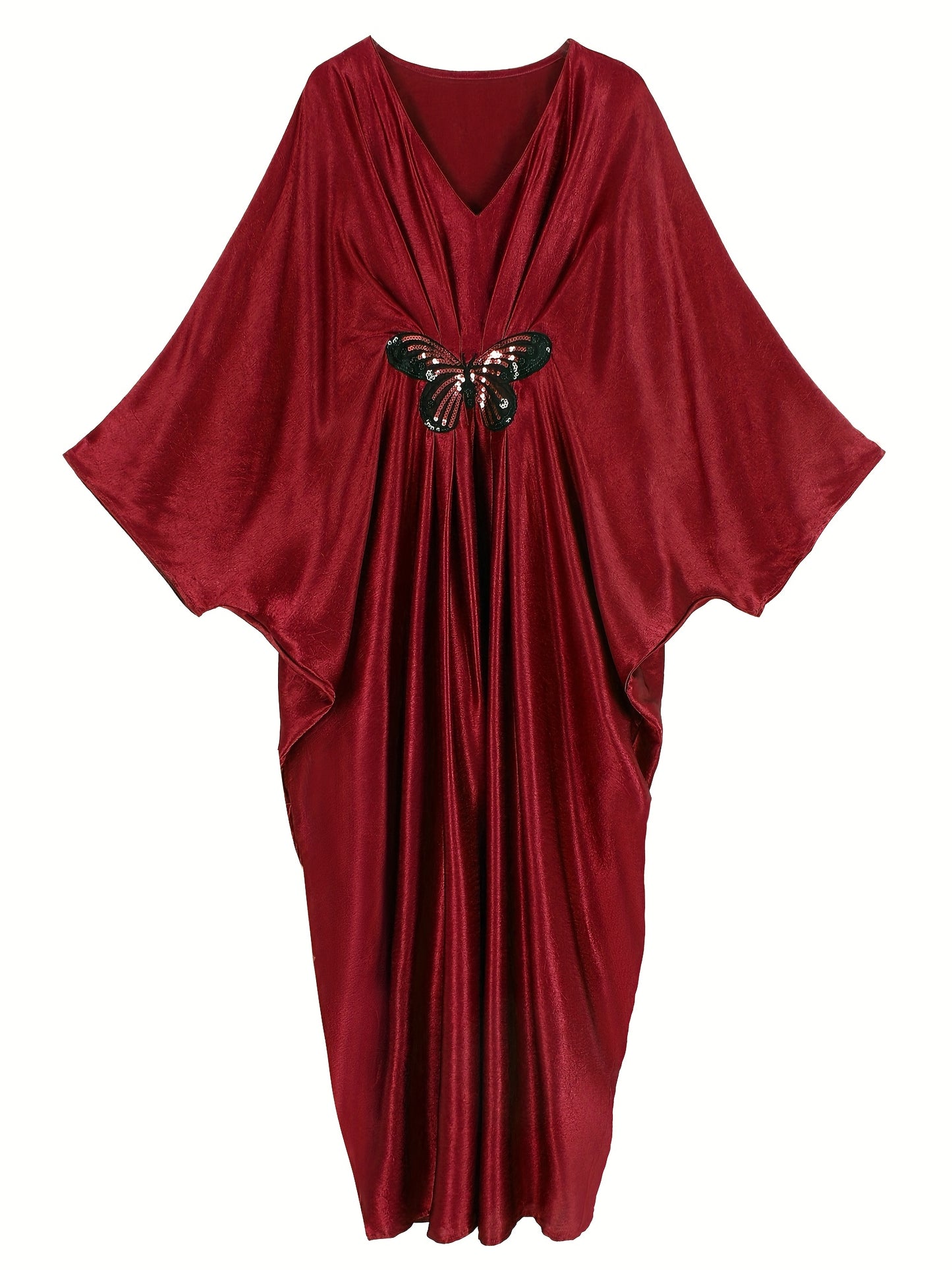 Elegant Red V-Neck Turkish Kaftan Dress with Butterfly Sequin Embroidery & Ruched Hem - Long Sleeve Loose Fit Middle Eastern Abaya for Women, Summer Coverup