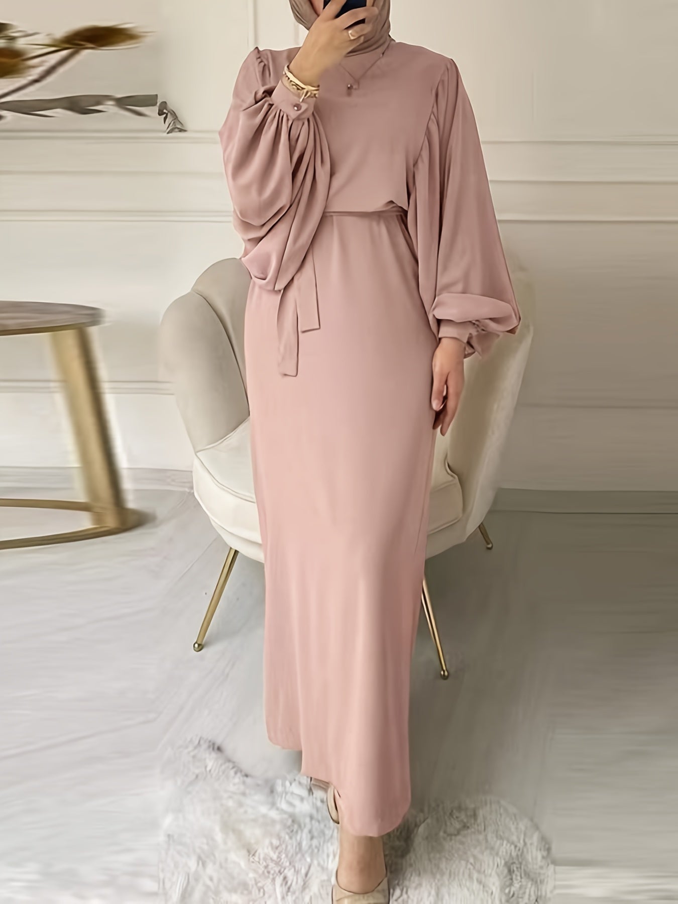 Women's Solid Color Arabic Abaya Dress with Belt - Modern Arabic Style Long Dress, Round Neck Lantern Sleeves, Adjustable Waist Tie, All-Season Casual & Vacation Dress for Women