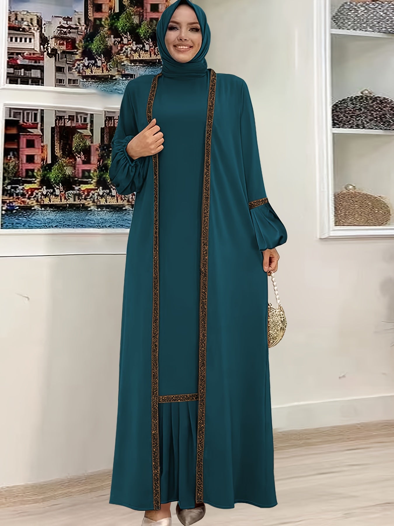 Abaya Contrast Trim Elegant Two Piece Set, Ruffle Hem Tank Dress & Lantern Sleeve Open Front Cardigan Outfits, Women's Clothing
