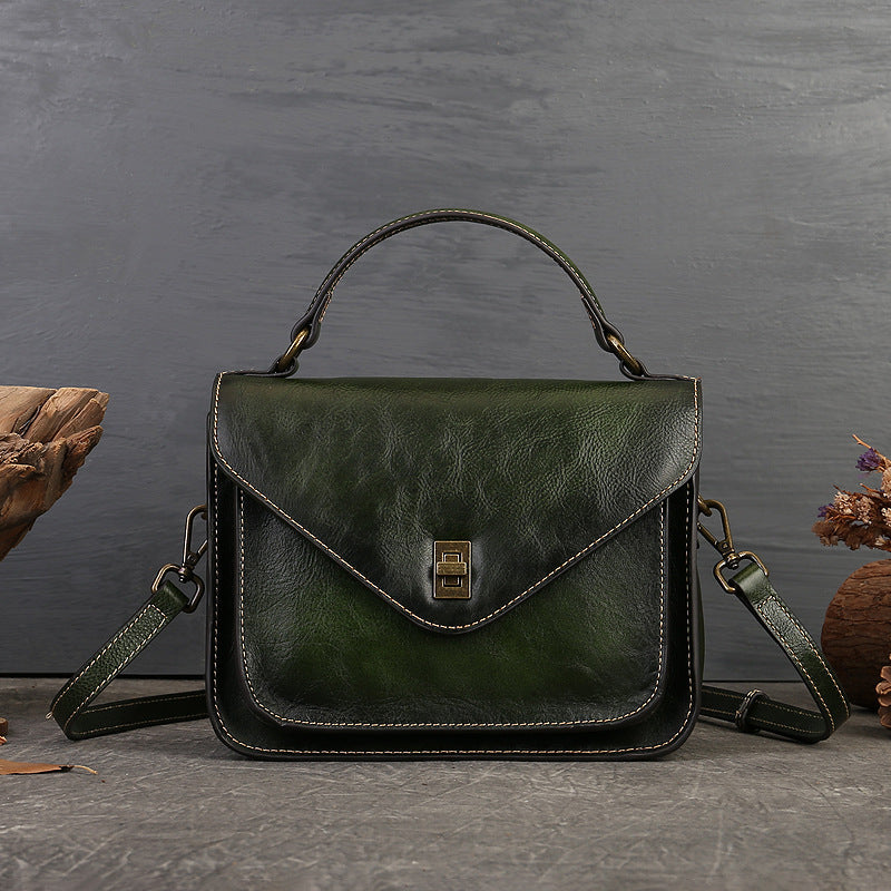 Women's Genuine Leather Retro Messenger Bag - Adjustable Crossbody & Shoulder Strap, Snap Closure, Durable Oil-Edged Trim