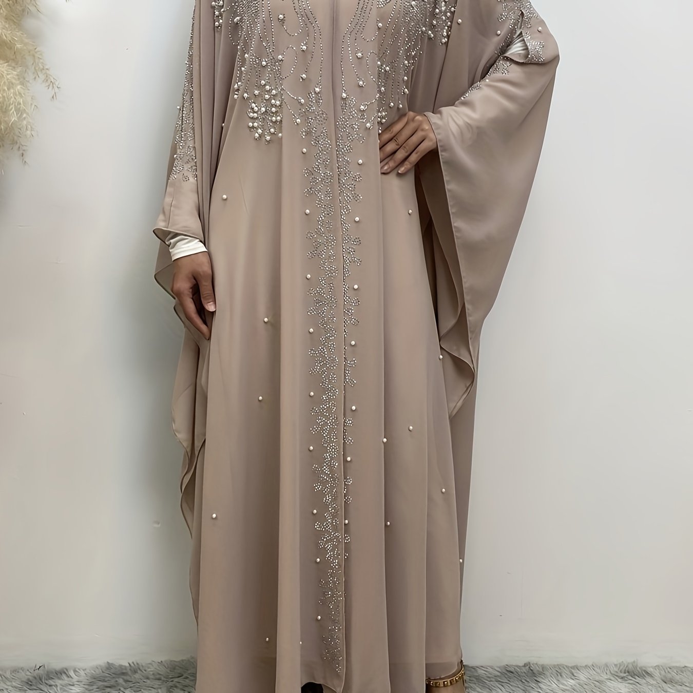 Luxury Chiffon Rhinestone-Embellished Hooded Muslim Kimono Abaya with Batwing Sleeves - Long Formal Party Gown, Machine Washable Elegant Modest Evening Dress for Spring/Summer
