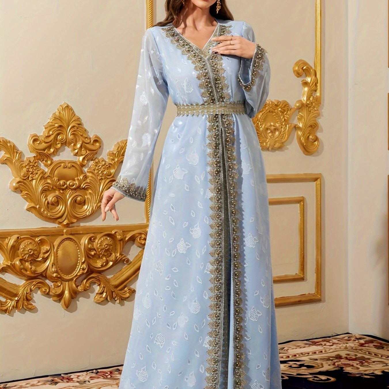 Long Sleeveless V-Neck Abaya Dress | Women's Middle Eastern Arabian Lace-Trimmed with Golden Embroidery & Adjustable Waist Belt | Modern Silklike Fabric for Festive Performances, Weddings