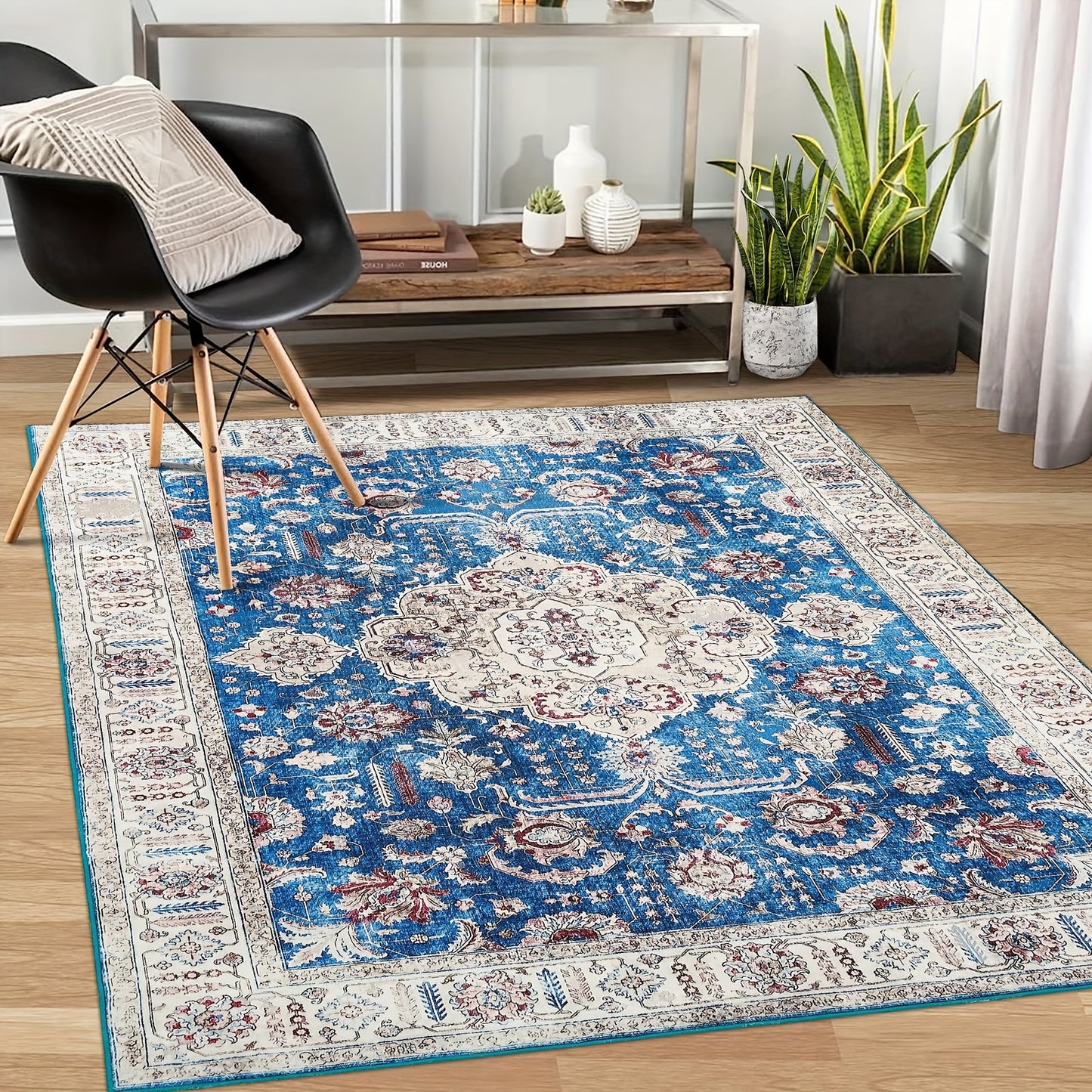 Machine Washable Runner Rug Boho Vintage Rug Non Slip Carpet For Bedroom Hallway Laundry Kitchen, Stain Resistant Dining Room Rugs Floral Oriental Entryway Rug Soft Living Room Rug, Blue