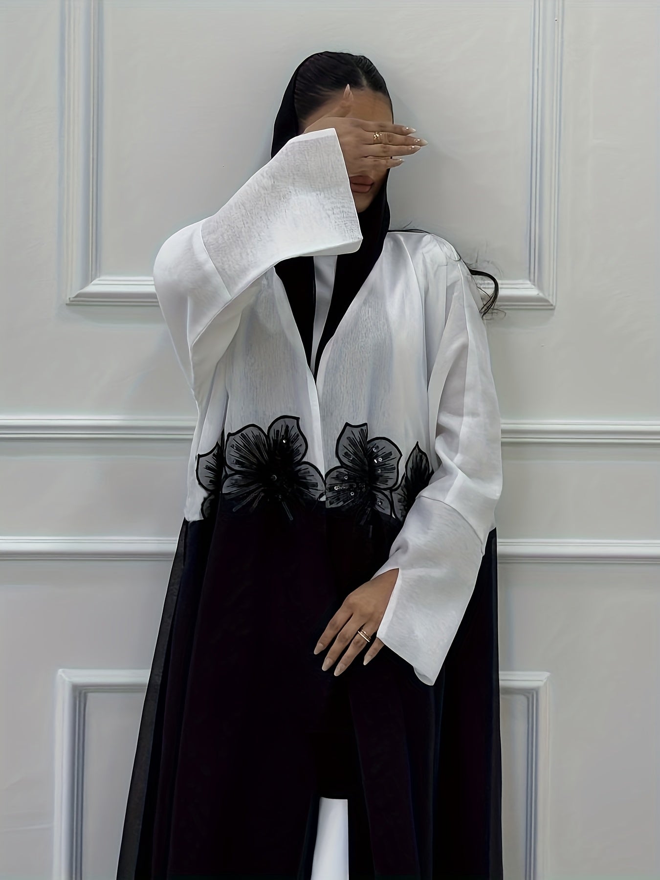 Elegant Modest Muslim Women's Abaya Robe with 3D Beaded Appliqués - Chic Open Front, Long Sleeve, High-Quality Fabric, Dark Blue & White Color Block, Loose Fit for All Seasons, Muslim Dress