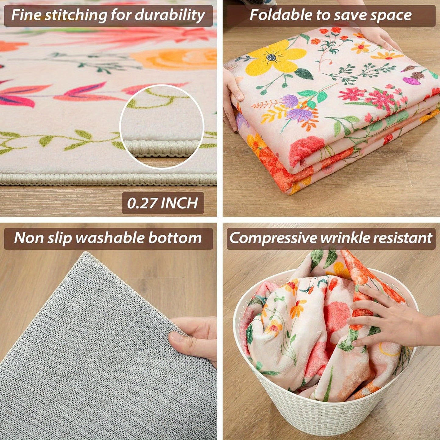 Vibrant Floral Print Area Mat - Soft Beige Imitation Cashmere, Anti-Slip & Machine Washable, Perfect for Living Room, Bedroom, or Home Decor, Rugs for Living Room
