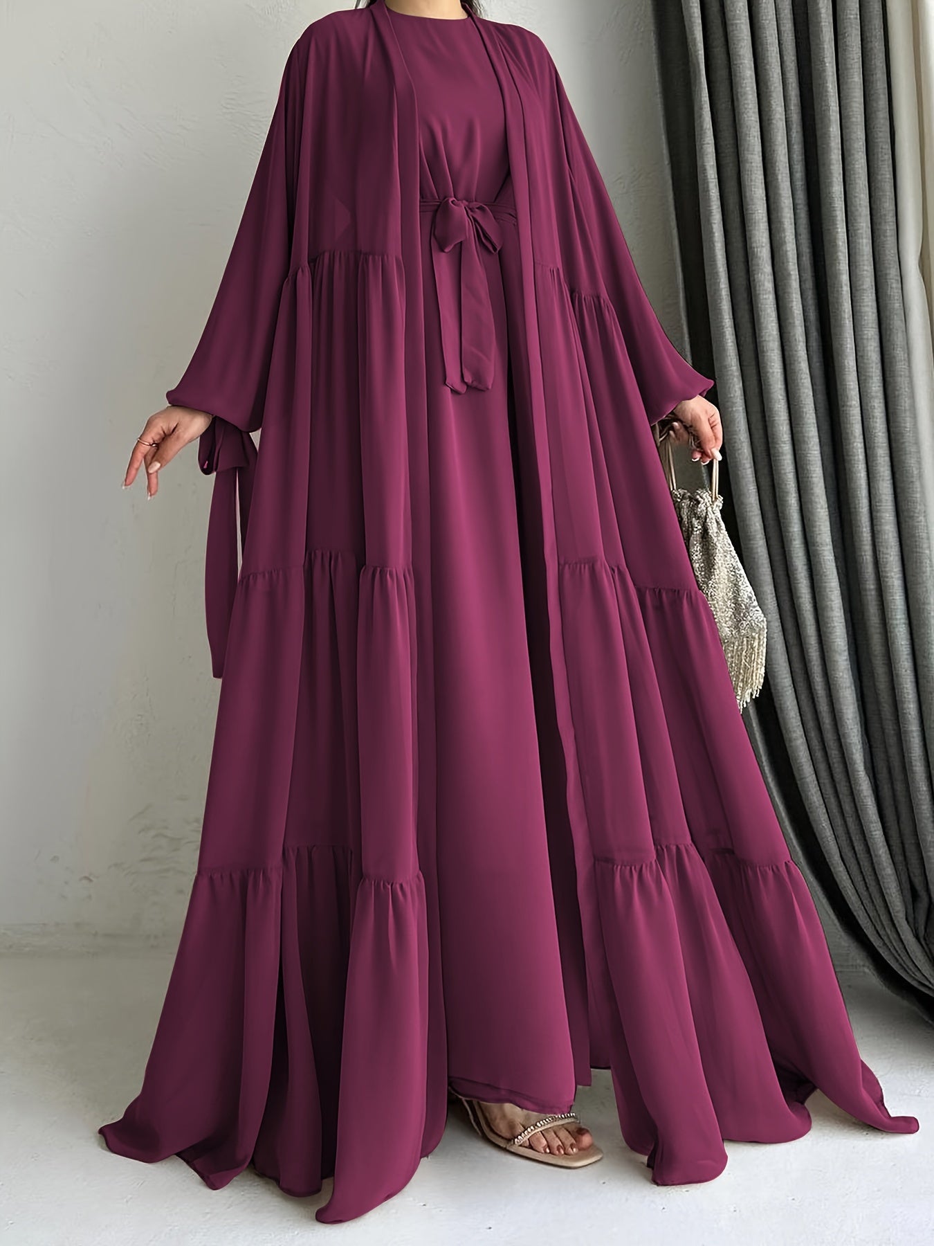 Women's Middle Eastern Palestinian Abaya Dress with Cape Cover - Sleeve Brown Solid Color Modest Traditional Dress, Adjustable Waist Tie Belt, Machine Washable All-Season Wear, Versatile Layering Piece